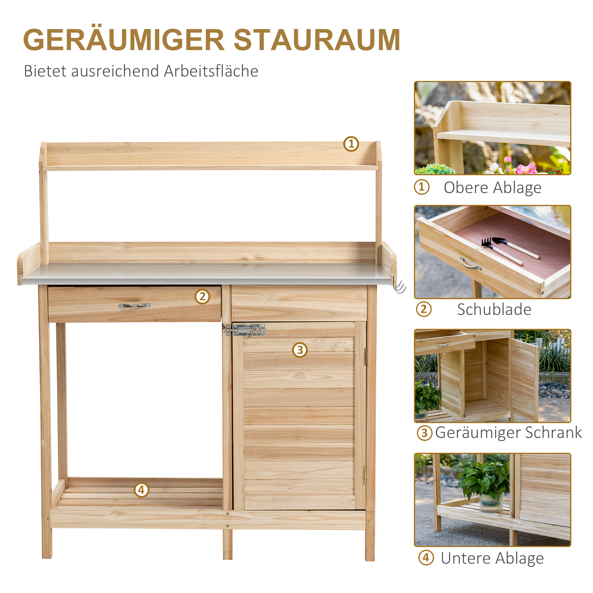 Outsunny planttafel met gegalvaniseerd werkblad, tuintafel met lade, kast, tuinwerktafel, massief hout, naturel, 112 x 45 x 125 cm