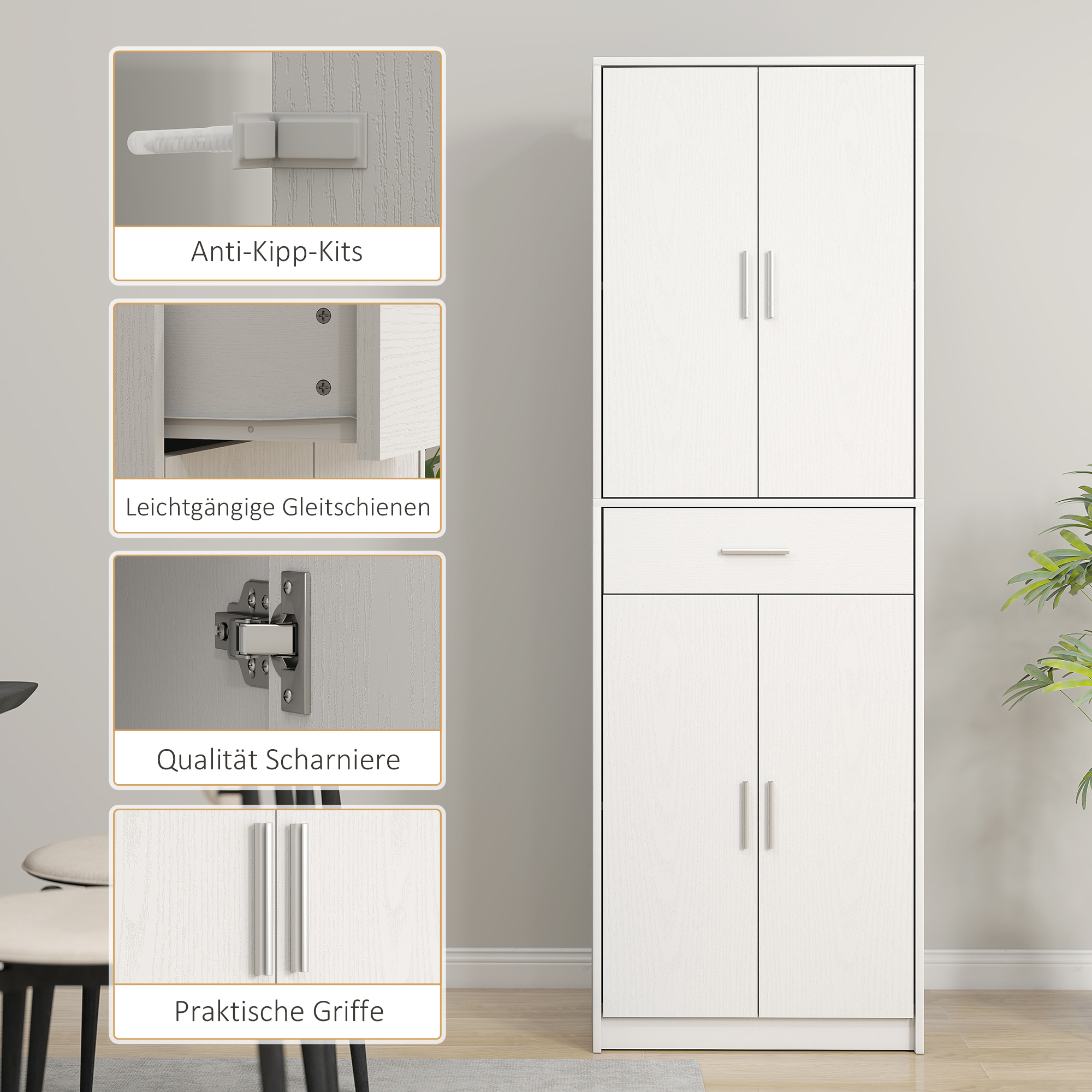 HOMCOM Keukenkast, 3-traps verstelbare planken, Spaanplaat, MDF, veel opbergruimte, Wit