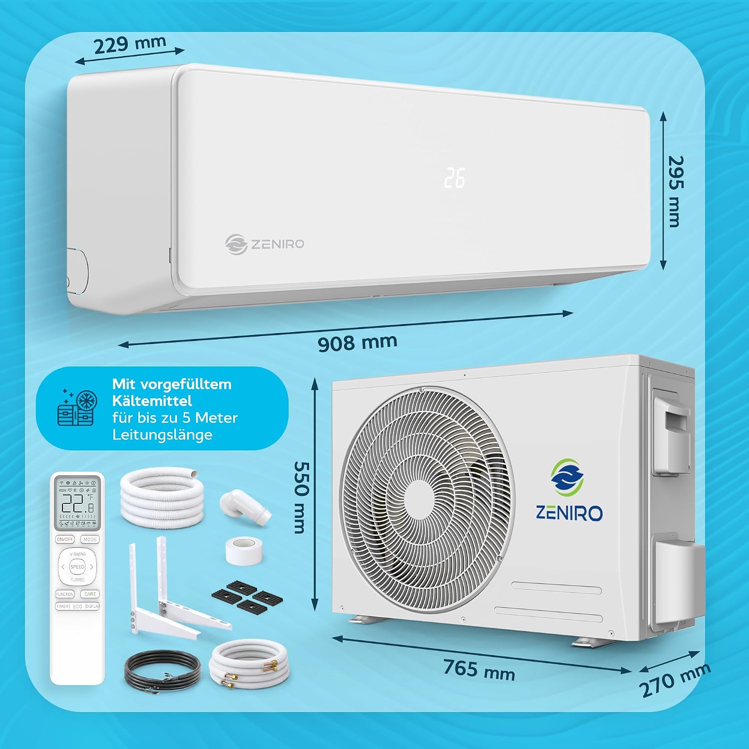 Klimanlage Split Klimagerät Set mit Heizfunktion - 18000 BTU 5,2kW - A++ WiFi/App-Steuerung 4D AirFlow Auto Reinigung inkl. Montagematerial Vorgefüllt R32 Air Conditioner