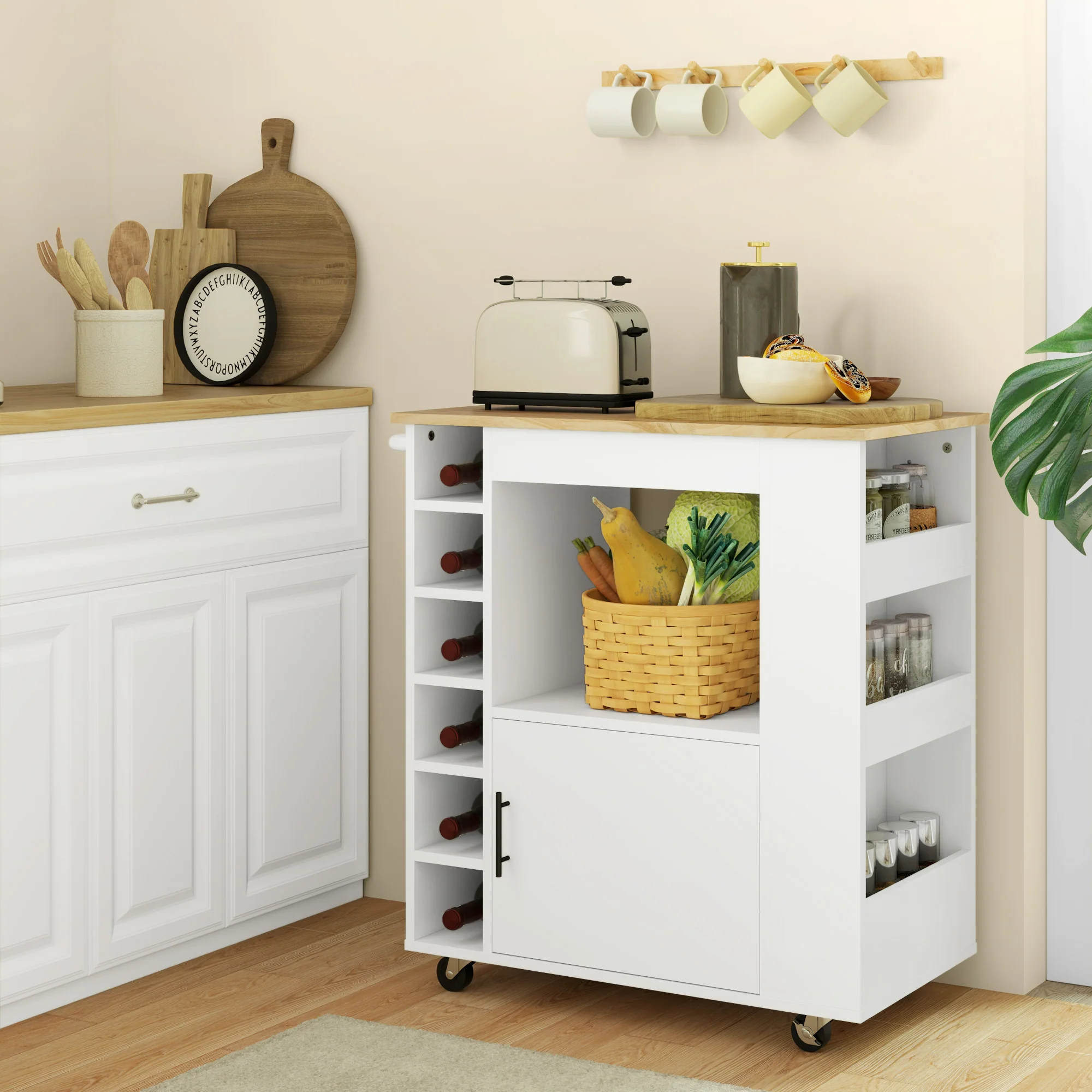 HOMCOM Keukentrolley, Rolbare Keukeneiland, Keuken-Trolley met Vakken, Wijnrekken, Kast en Werkblad, Wit