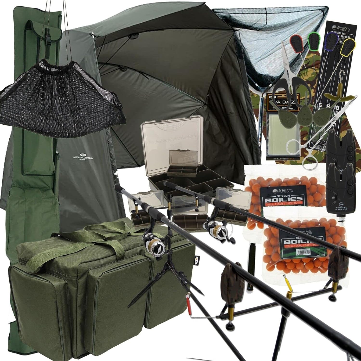 Karpfenangeln Setup 3 Stück 3,6 m 2/3 Ruten & Rollen Bissanzeiger Netz Pod Tragetasche Rutentasche Brolly & Tackle Komplettset