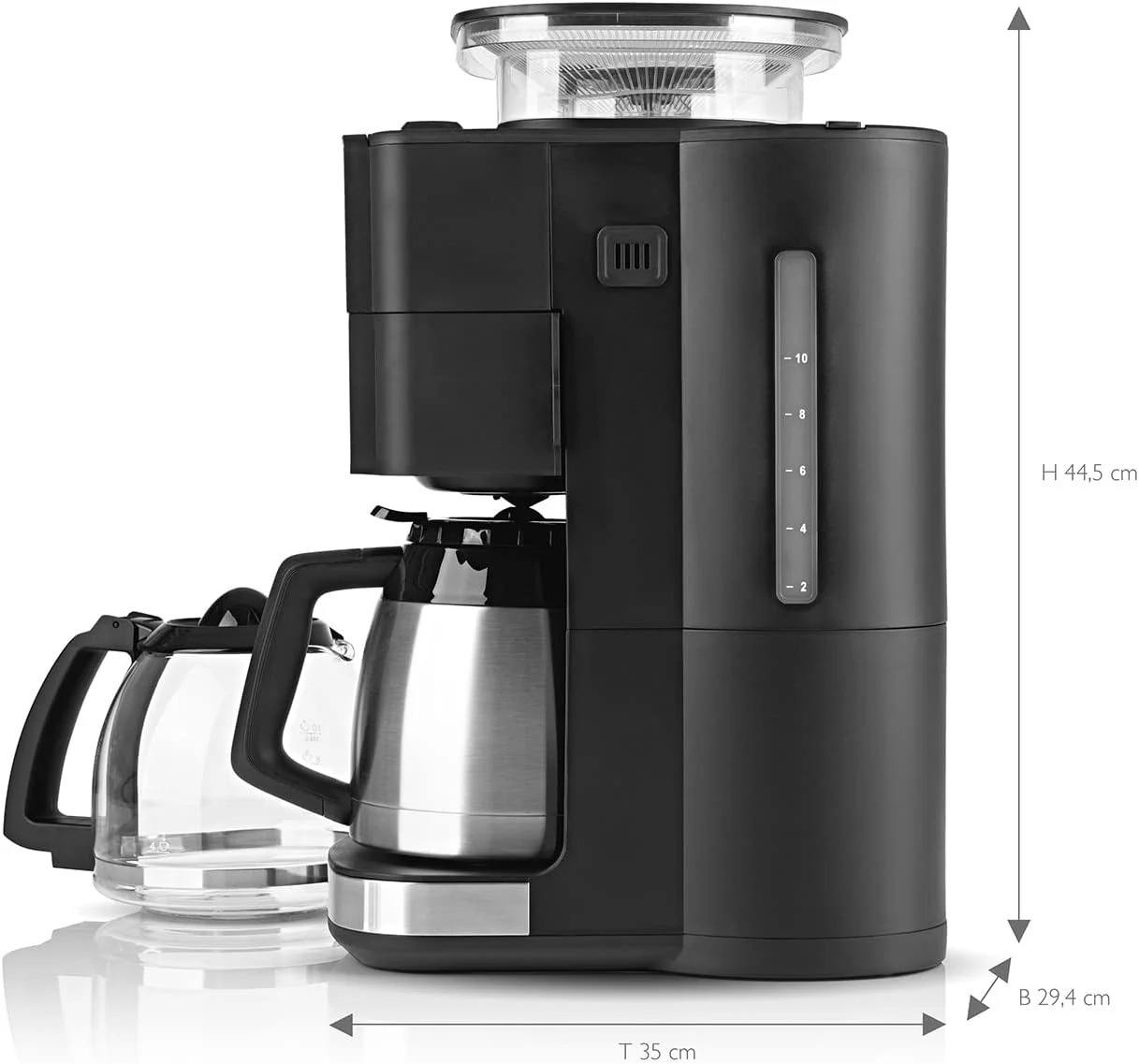 BEEM FRESH-AROMA-PERFECT III Filterkoffiezetapparaat met maalwerk - Duo | Met thermos- & glazen kan | Aroma-Plus-functie | 24-uurs timer | 1000 W | voor maximaal 10 kopjes [roestvrij staal]
