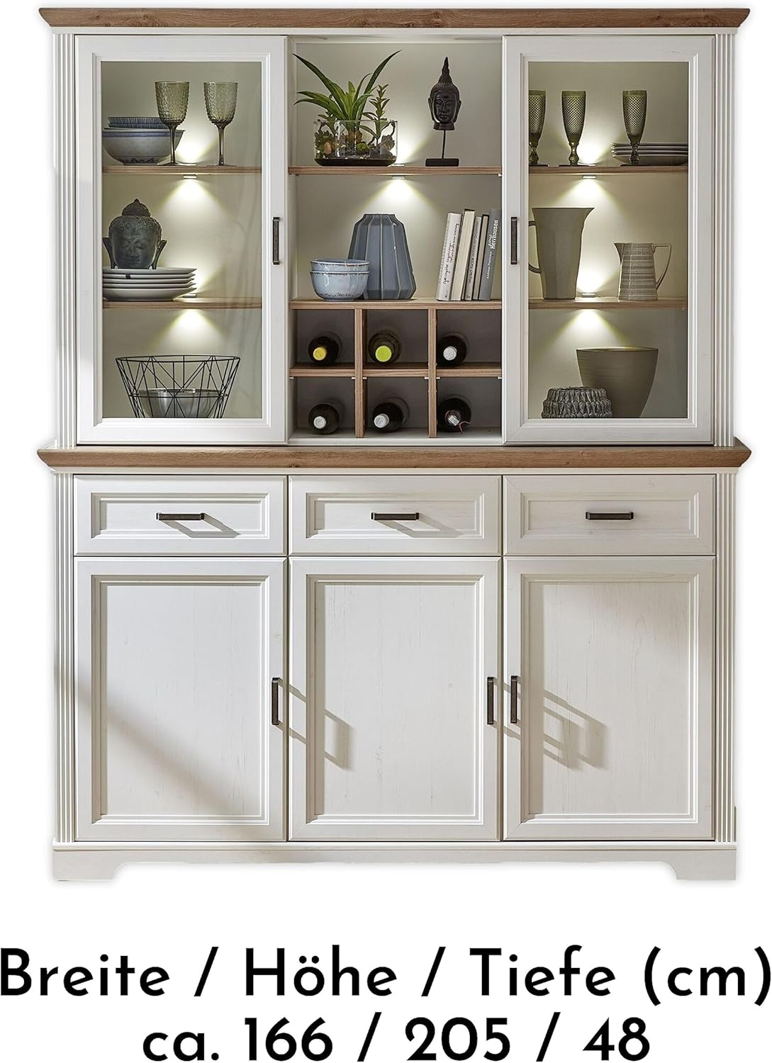 Stella Trading Buffetschrank in Pinie hell, Artisan Eiche Optik - Vitrinenschrank mit LED-Beleuchtung und viel Stauraum im Landhausstil - 166 x 205 x 48 cm (B/H/T)