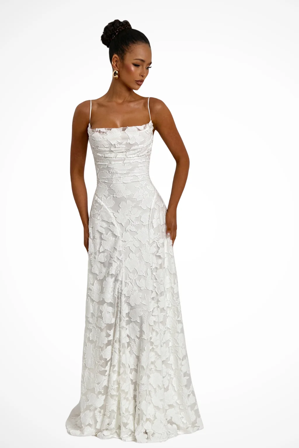 Maxikleid f��r Hochzeitsg?ste mit Wasserfallausschnitt und Blumenspitze | Festliches langes Abendkleid f��r Damen und feierliche