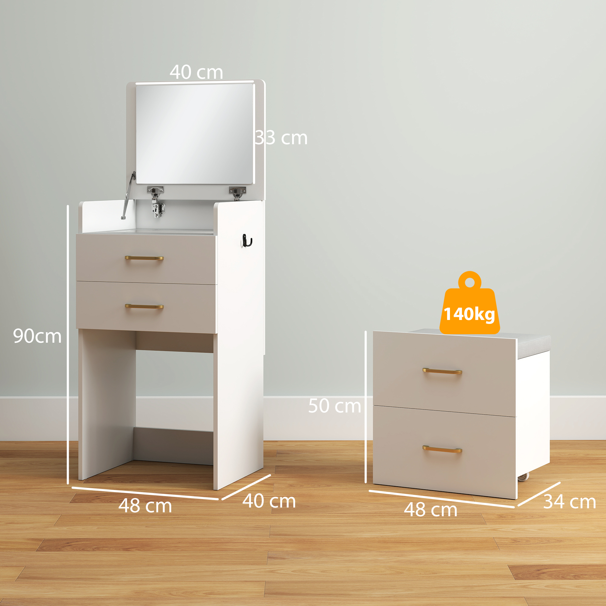3-in-1 Make-uptafel met Spiegel, Nachtkastje, Rollende Kruk, Lades, Wit