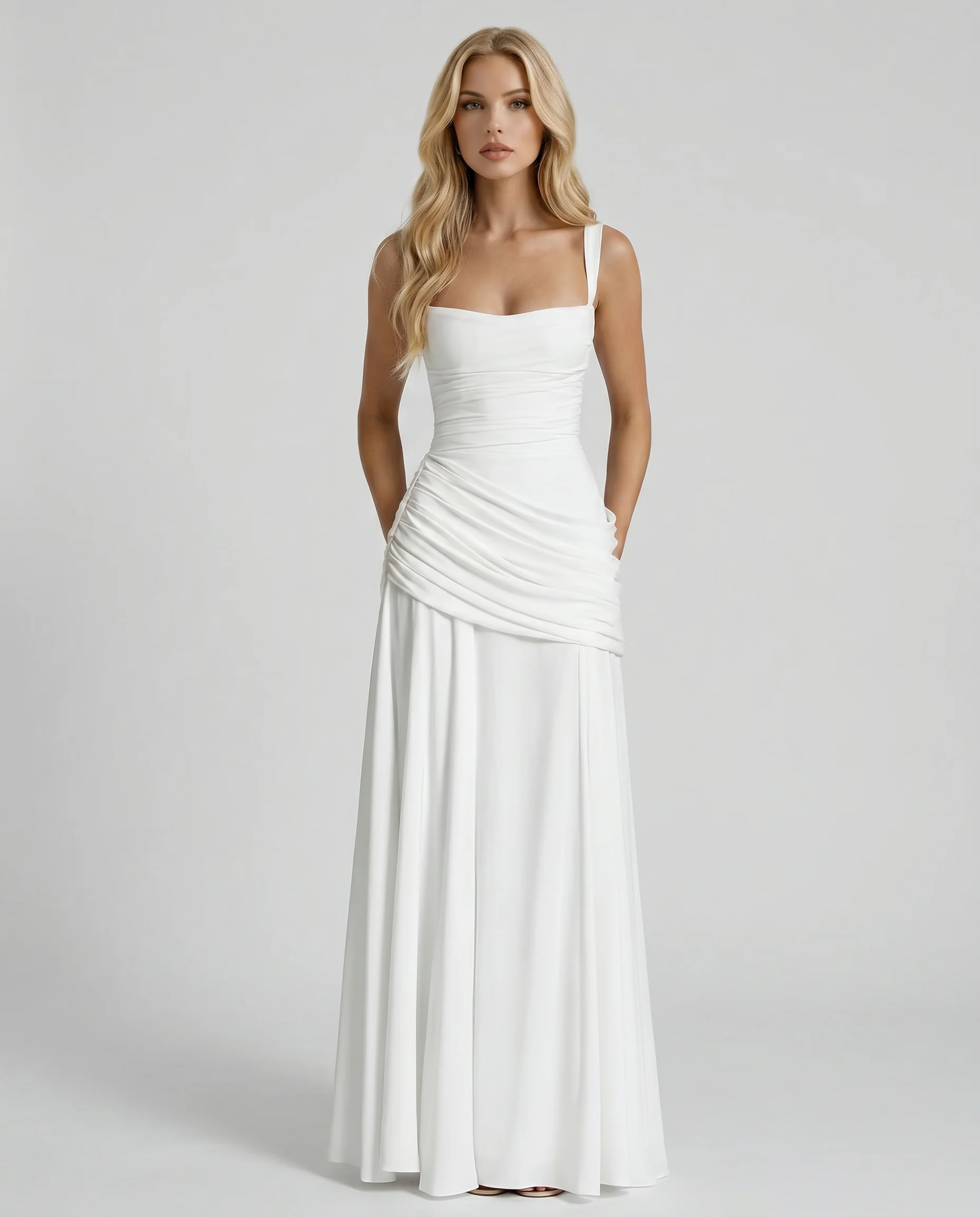 Maxikleid mit Raffung und schmalen Tr?gern | Festliches Abendkleid mit asymmetrischem Faltenwurf und eckigem Ausschnitt