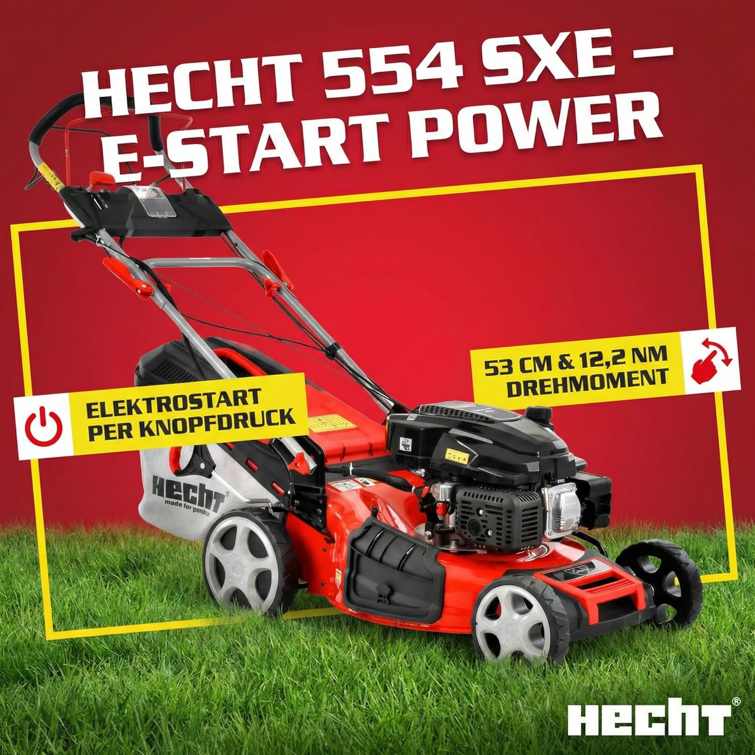 HECHT 5-IN-1 Benzin Rasenmäher - leistungsstarker 4 Takt Eco Motor 4,4 kW (6,0 PS) - Elektrostart - 53 cm Schnittbreite - 75 l Fangkorb - Radantrieb - patentierte Räder - Mulchmäher