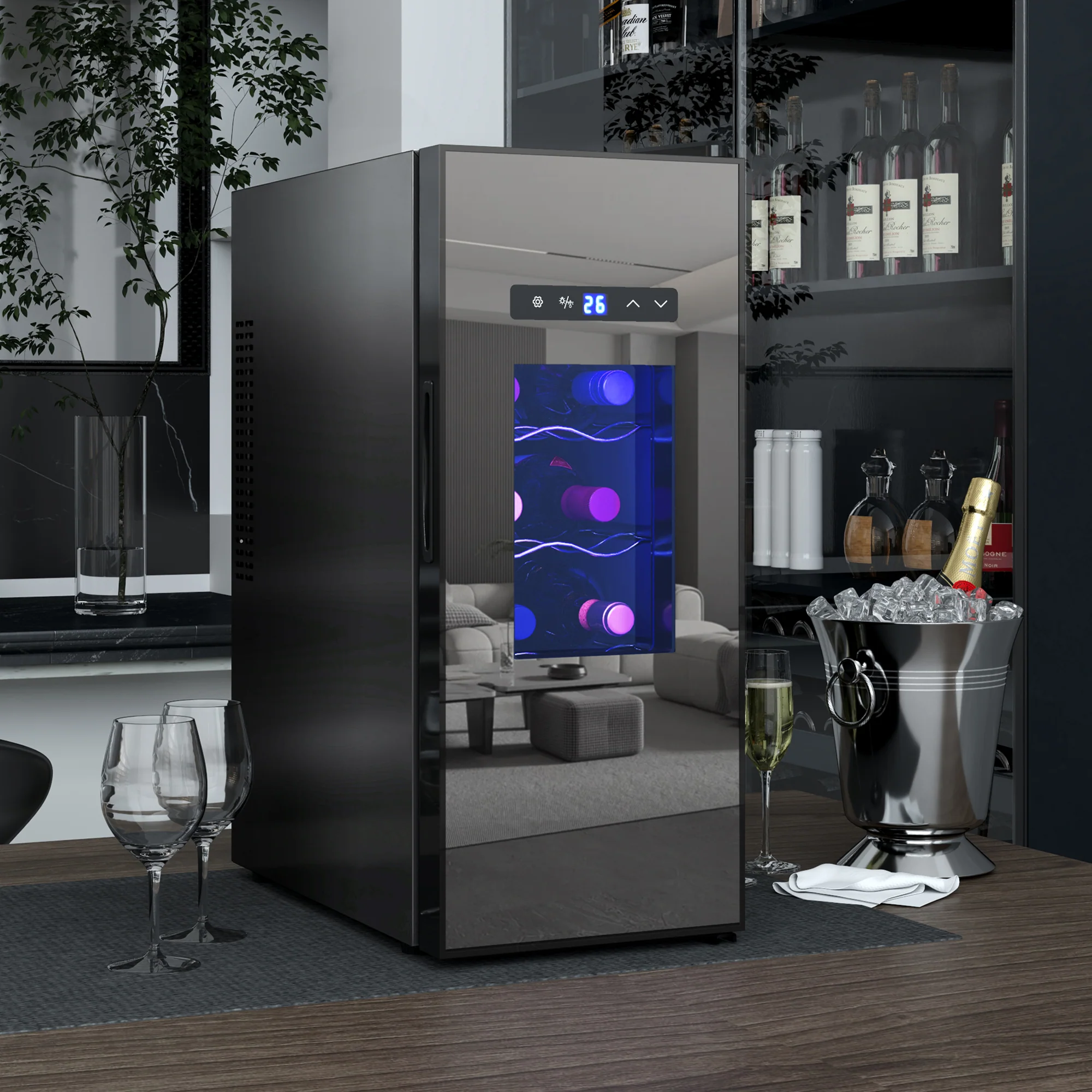 HOMCOM Wijnkoelkast voor 12 Flessen met Glazen Deur en LED-Licht, Touch-Screen, Zwart