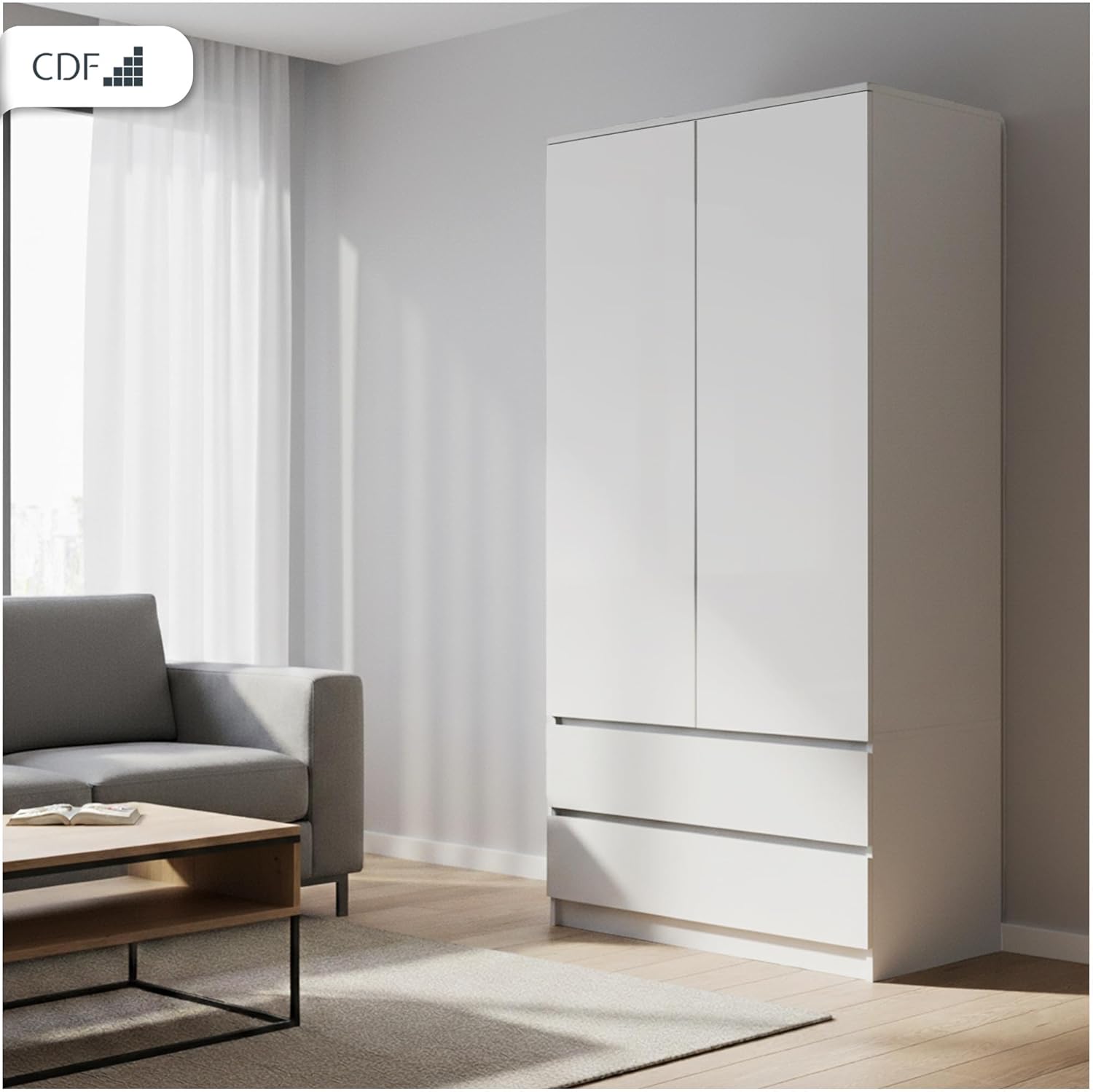 CDF Kleiderschrank Weiß 90cm Breit Kinderzimmer Schlafzimmer 2 Schubladen 2-türig Kleiderschrank Zweitüriger Schrank Moderne Look Alles für die Montage Inklusive Garderobenschrank Klamotten Spielzeuge