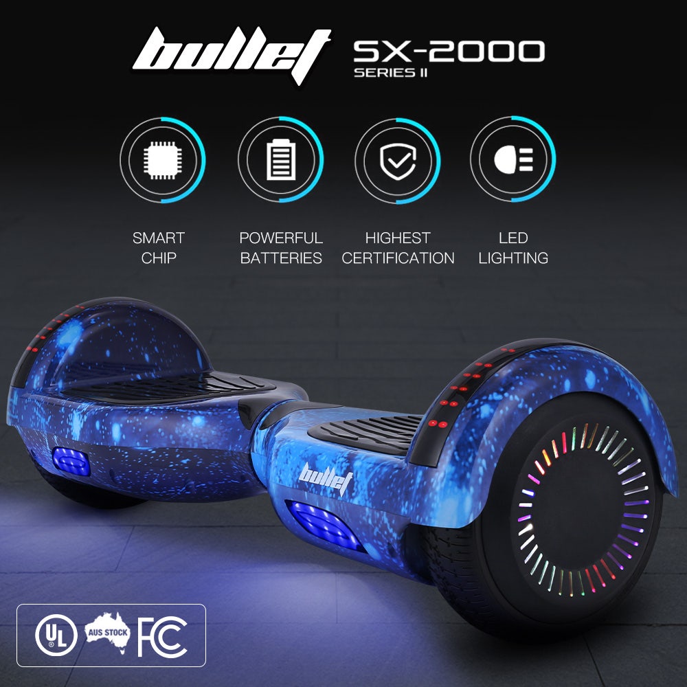 BULLET SX-2000 Hoverboard Scooter, 500W Brushless, Superior Self Balancing System, UL Certified, LED Lights, Blue Galaxy