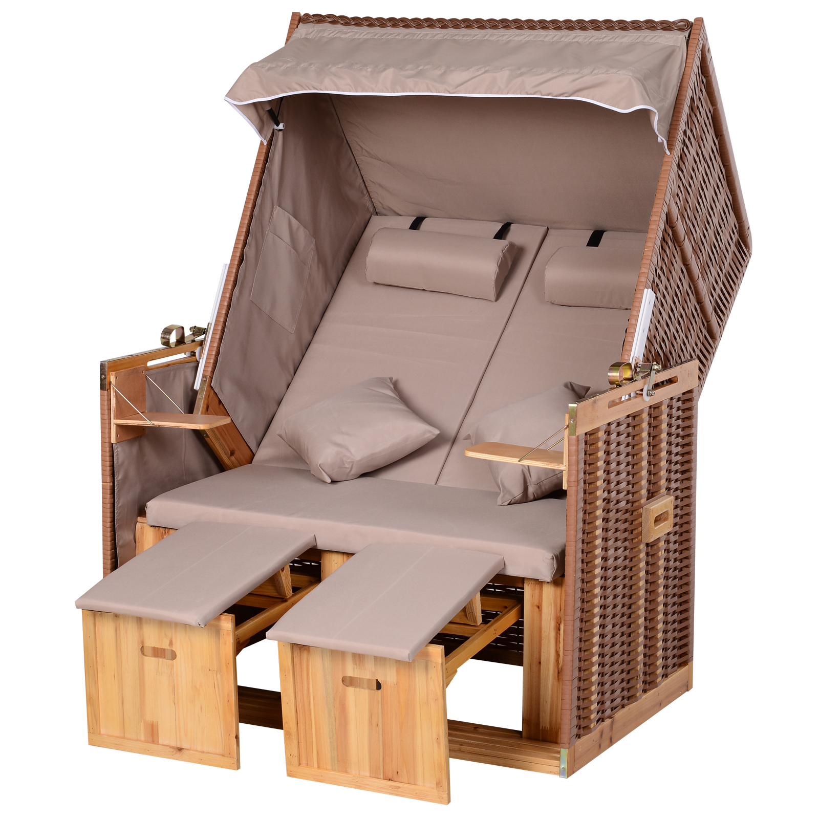 Strandstoel ligbed met beschermhoes voor bekerhouders PE rotan beige