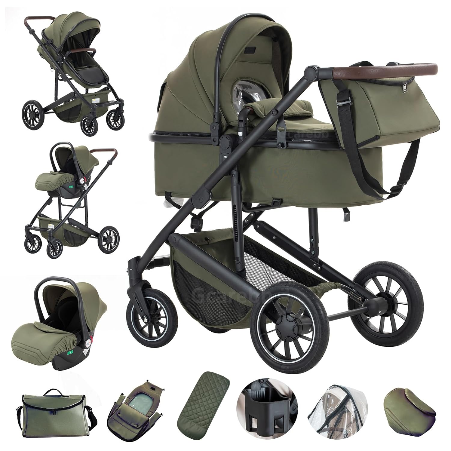 Gcarebb 3 in 1 Kinderwagen, Buggy Mit Auto Babyschale, Mit Höhenverstellbarer Kinderwagen Komplettset, KombiKinderwagen Mit Aluminiumrahmen für Neugeborene 0-4 Jahre
