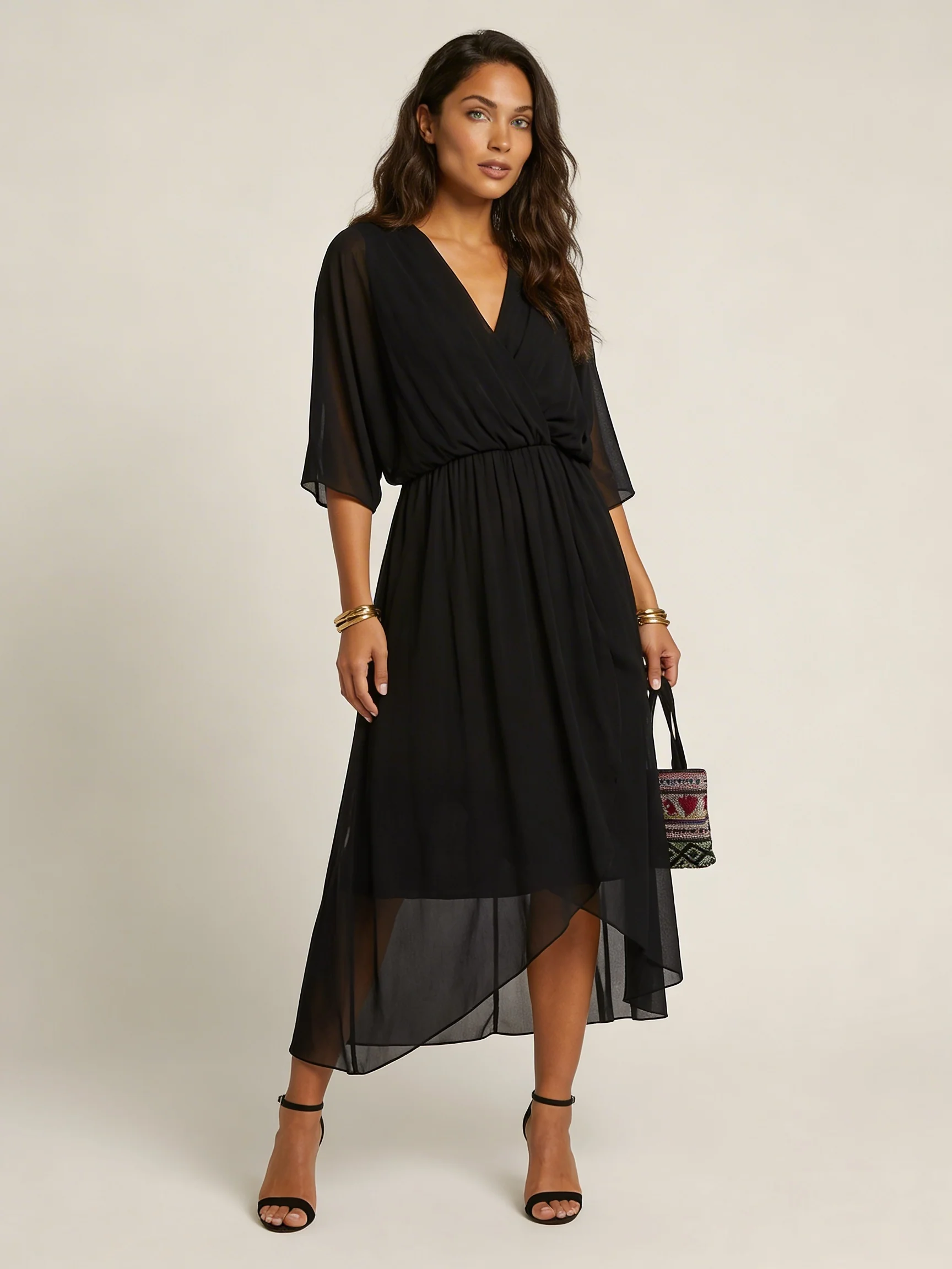 Damen Midi-Wickelkleid mit V-Ausschnitt | Flie?endes Kleid mit Bindeg��rtel und asymmetrischem Saum f��r Freizeit und Anl?sse