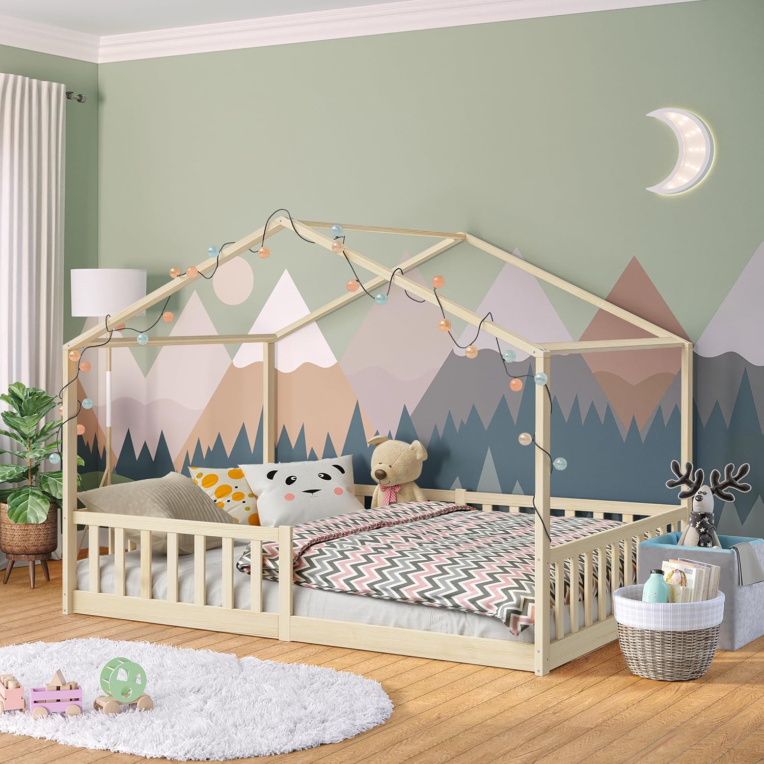 Bellabino Kinderbett Bia 140x200 cm, Hausbett Kinder inkl. Rausfallschutz und Rolllattenrost, Montessori Bodenbett weiß aus Massivholz Kiefer