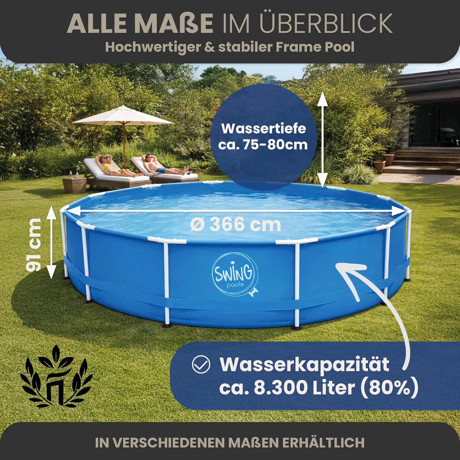 HAF - Swing Frame Pool rund Grau Fischgräte (Ø 366 cm, 91 cm tief) - Gartenpool mit 8.300 Liter - Robust, UV-geschützt & korrosionsbeständig - Stabiler Metallrahmen - Schnellaufbau ohne Werkzeug