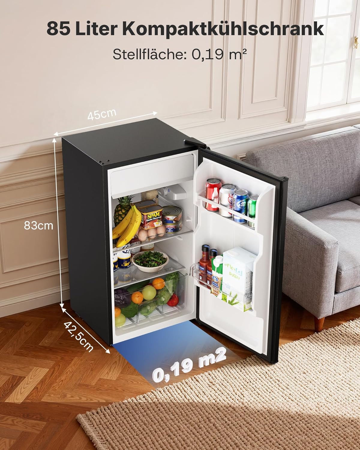 Upstreman 85L Kühlschrank Ohne Gefrierfach, 0-12°C 5-stufige Temperaturregelung, LED-Beleuchtung, 39 dB Leise, Energiesparender Vollraumkühlschrank für Schlafzimmer Büro Küche, CR85-Schwarz