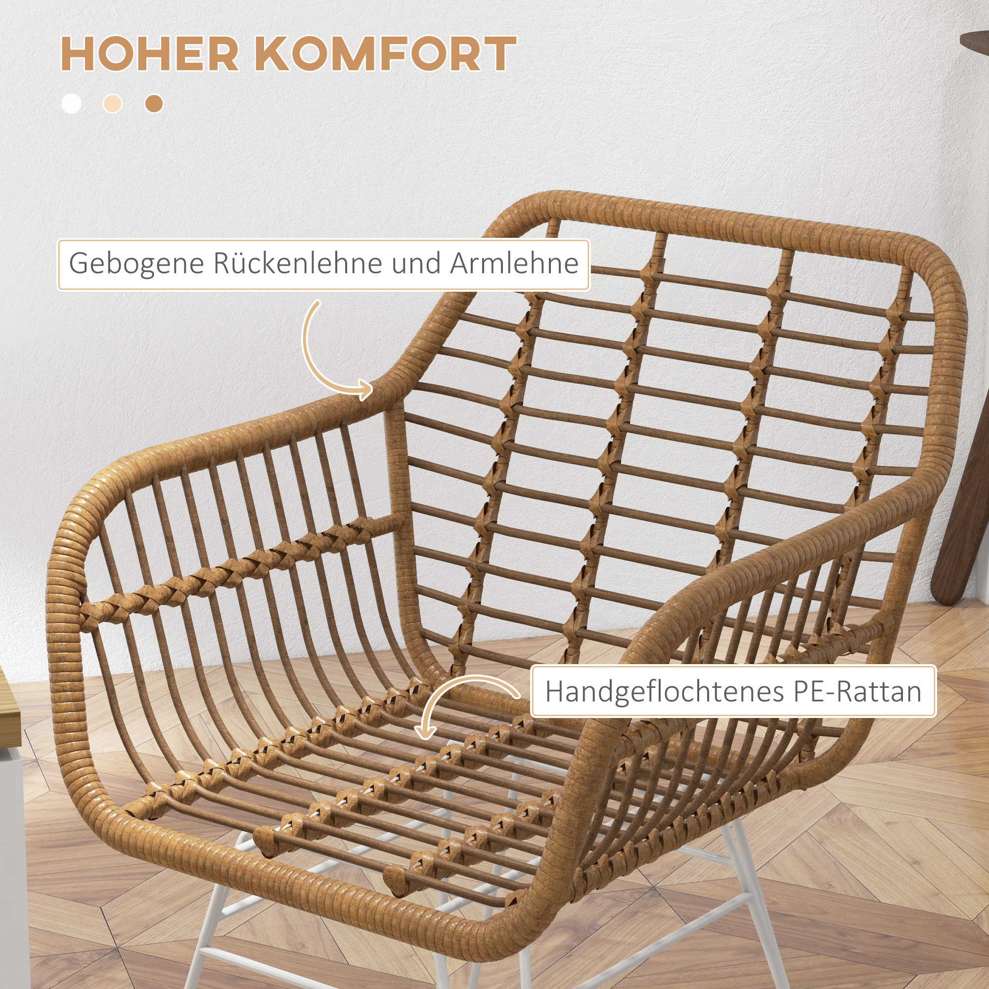 2-delige set stoelen in Boho-stijl, keukenstoelen, PE-Rattan, 56 x 60 x 79 cm, Natuur + Wit