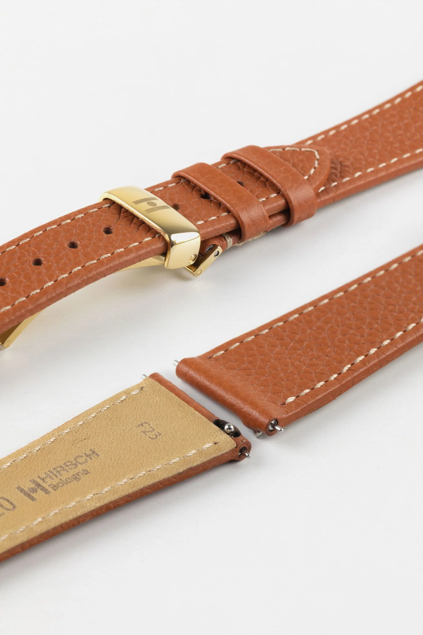 Hirsch BOLOGNA Quick-Release French-Style Textured Leather Watch Strap in GOLD BROWN