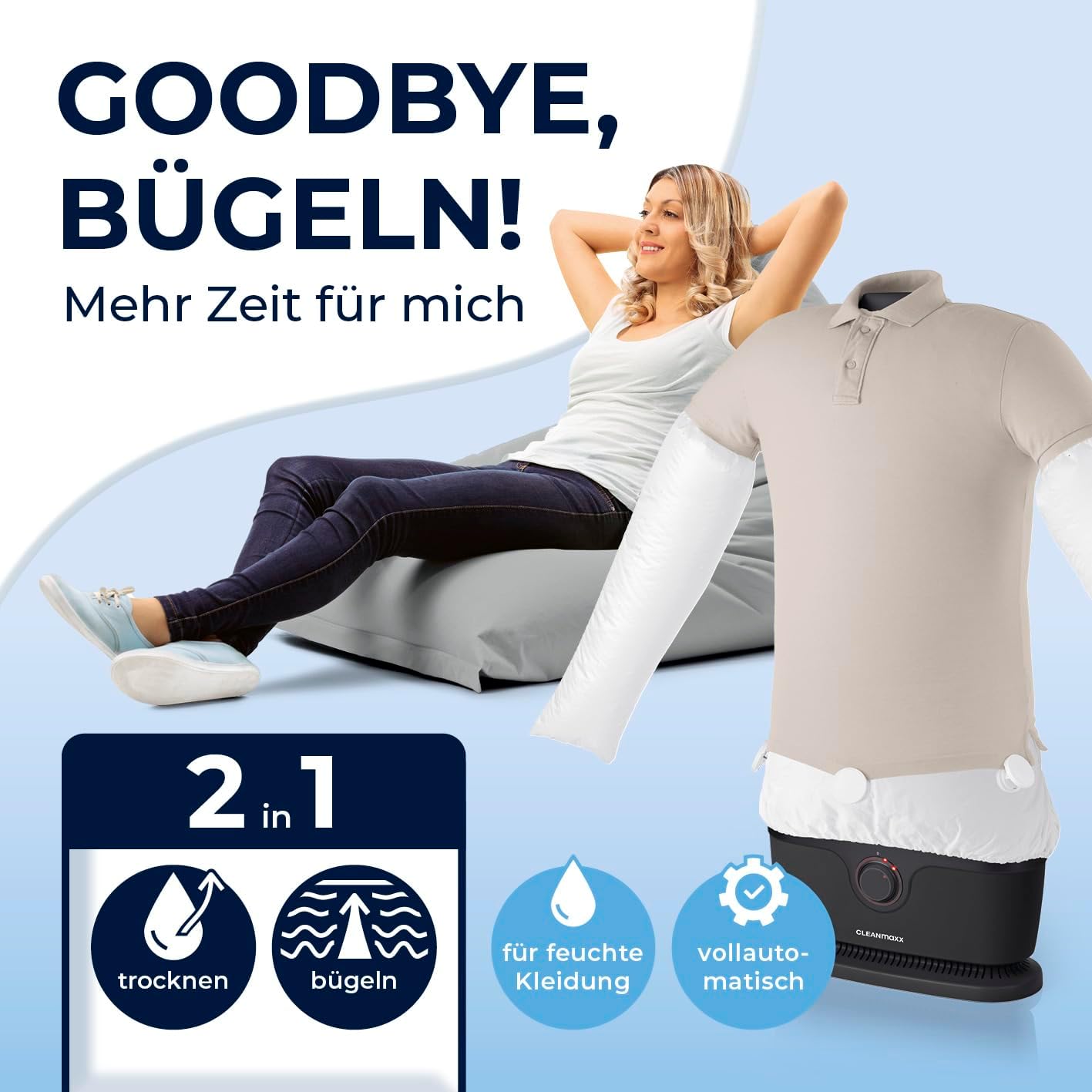 CLEANmaxx Automatischer Hemden-Bügler zum Trocknen und Gltten von Hemden & Blusen inklusive Aufsatz für Hosen | Die innovative und schonende Art, Ihre Wsche zu gltten