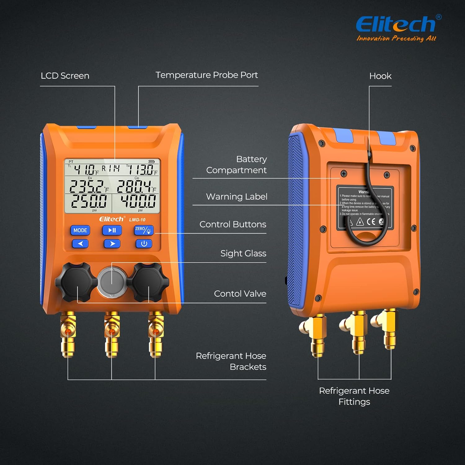 Elitech Kältetechnik die Monteurhilfe Manifold Gauge Set, Hochpräzises Vakuum Drucktemperatur Lecktester Tester Digitales Messgerät für Kühlschränke LMG-10