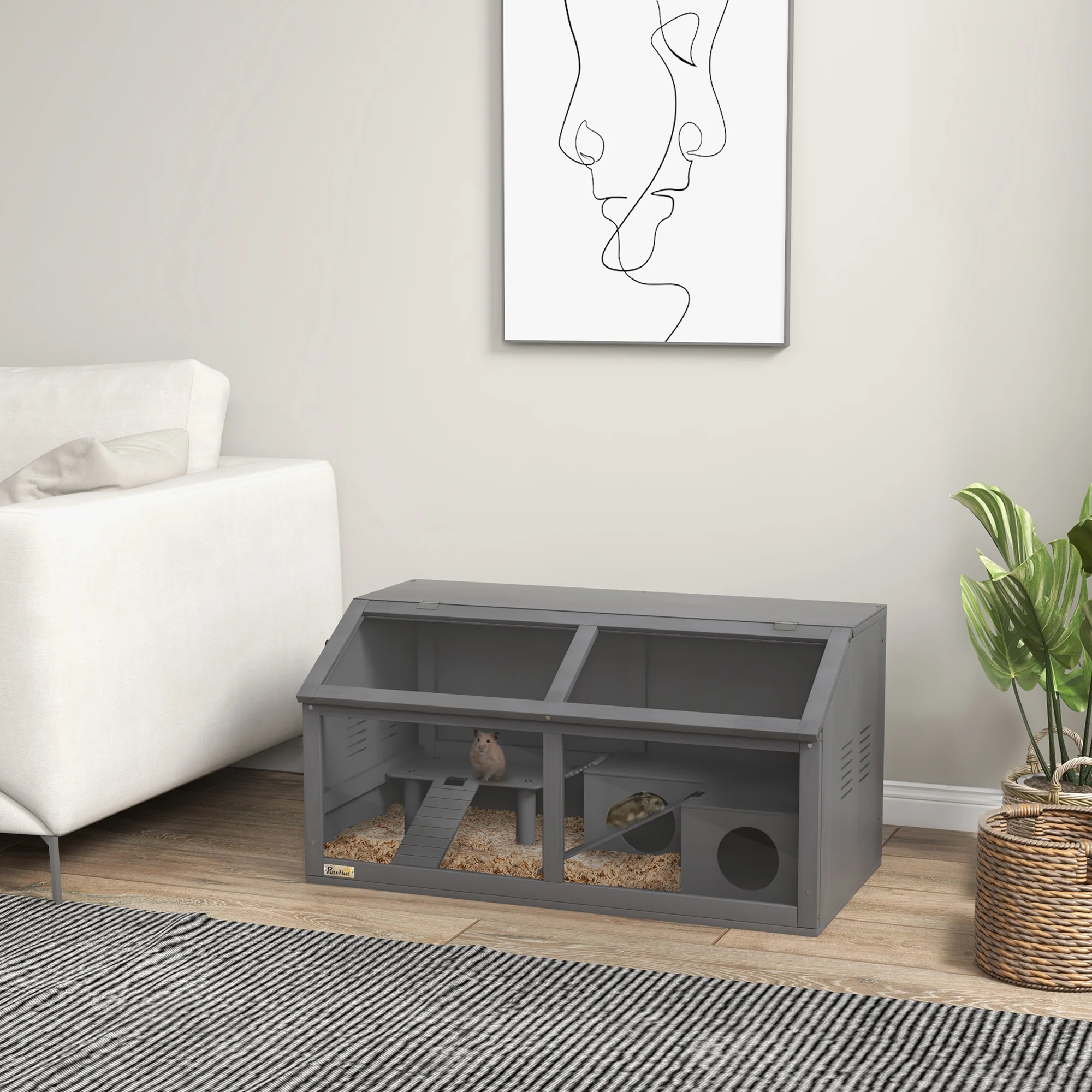 PawHut Houten Hamsterkooi voor Gerbils met Hangbrug en Trappen