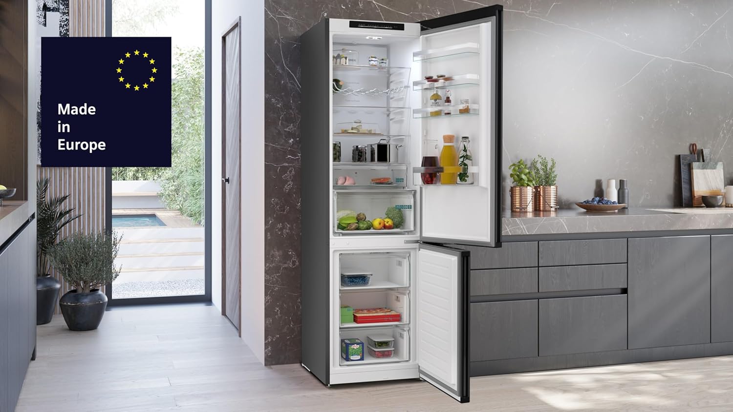 Siemens KG39N2XAG, iQ300, Freistehende Kühl-Gefrier-Kombination, Gefrierbereich unten, 363 l, Total noFrost, hyperFresh, extrem leise, LED Beleuchtung, 203 x 60 cm, Gebürsteter Stahl AntiFingerprint