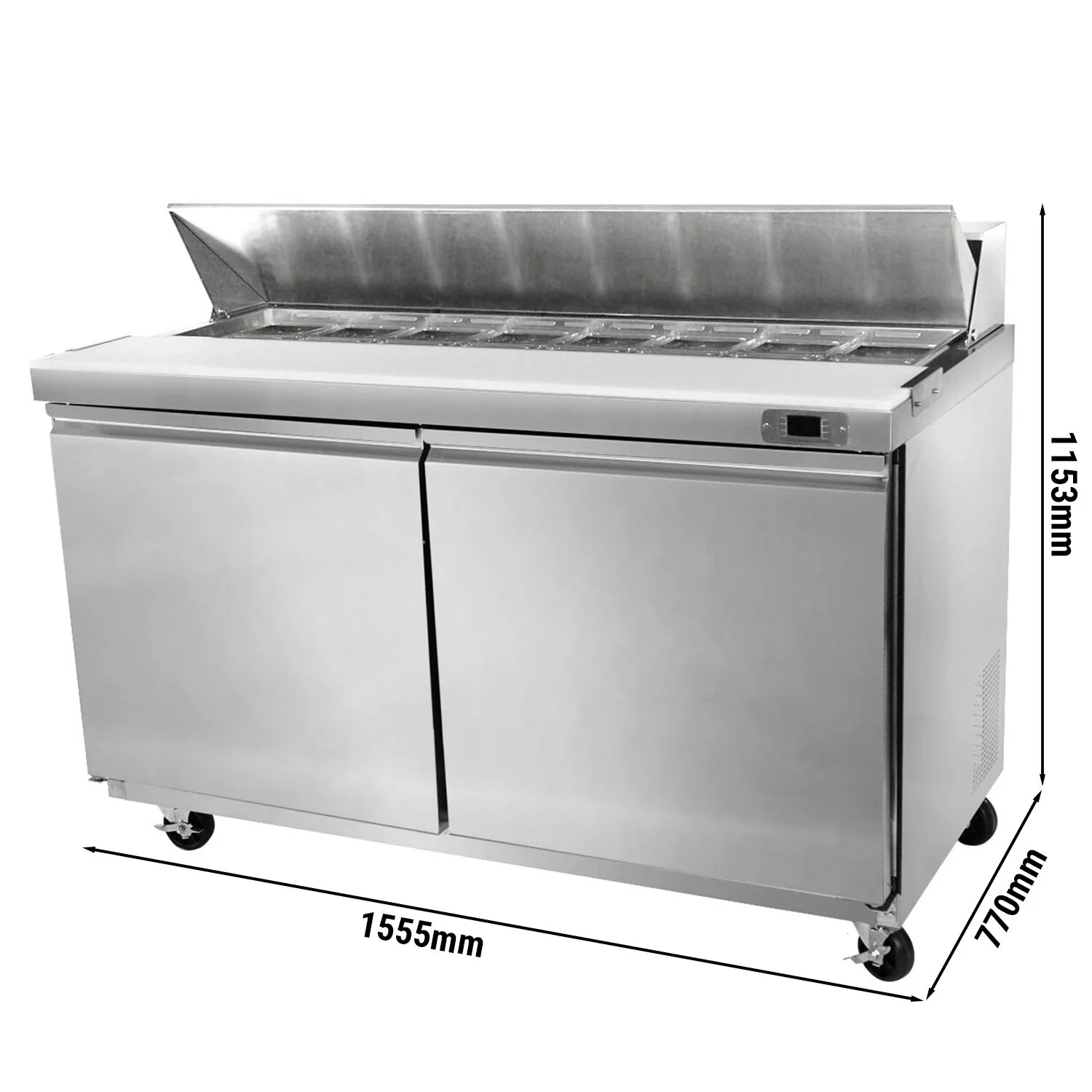 Saladette American Style PREMIUM - 1555 mm - 1860 l - 2 dører - med lokk i rustfritt stål for 16x GN 1/6 - inkl. 16x GN-kantiner 1/6