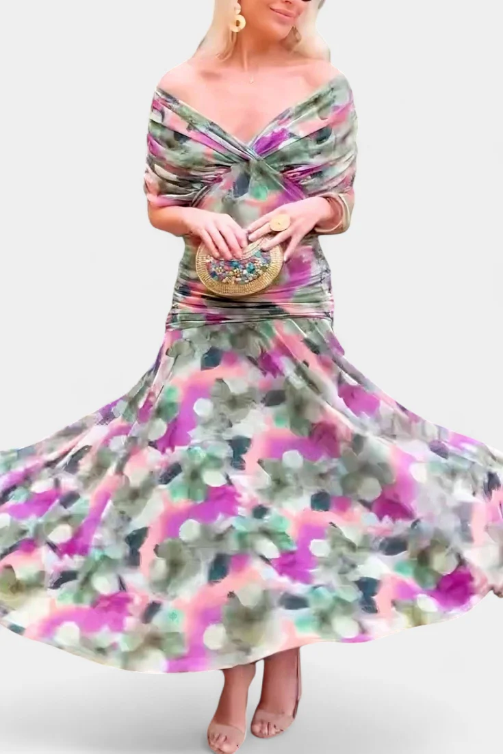 Schulterfreies gerafftes Maxikleid f��r Hochzeitsg?ste