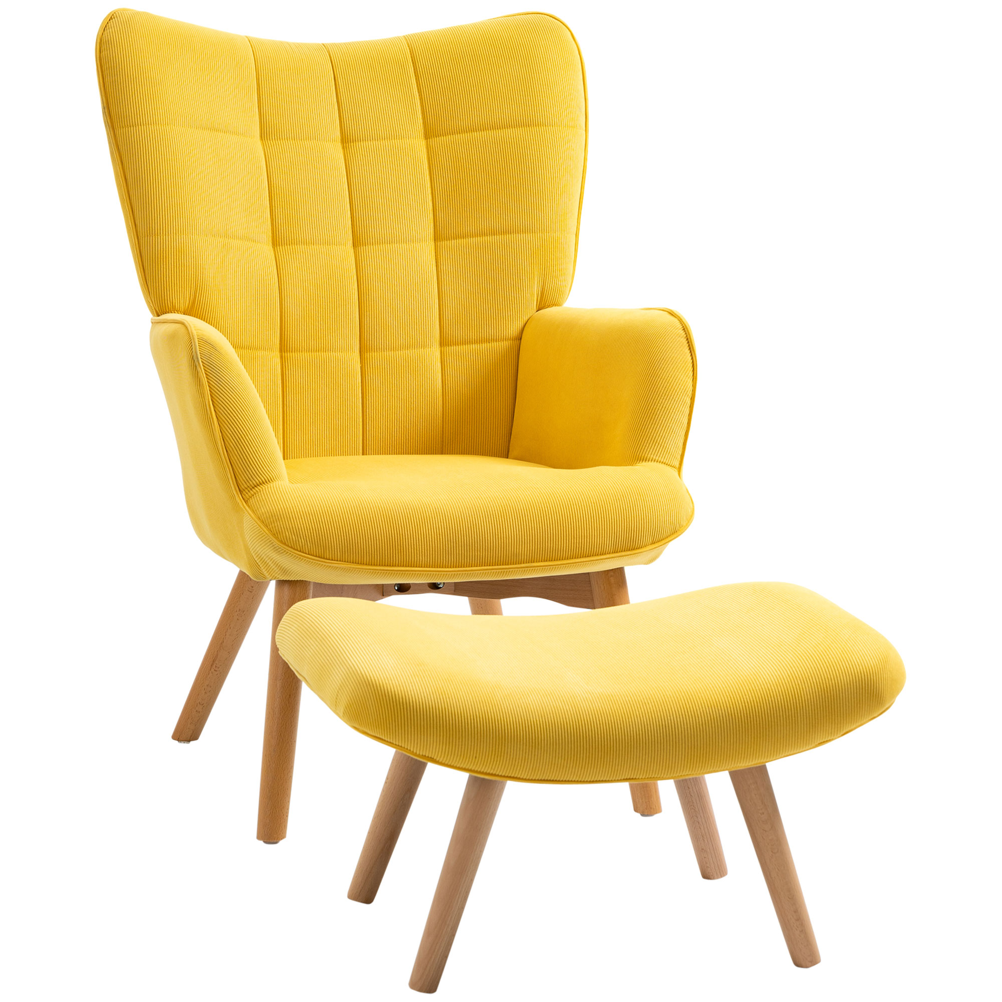 Fauteuil scandi accent met voetenbank, fauteuilset, beukenhout, corduroy-look, geel