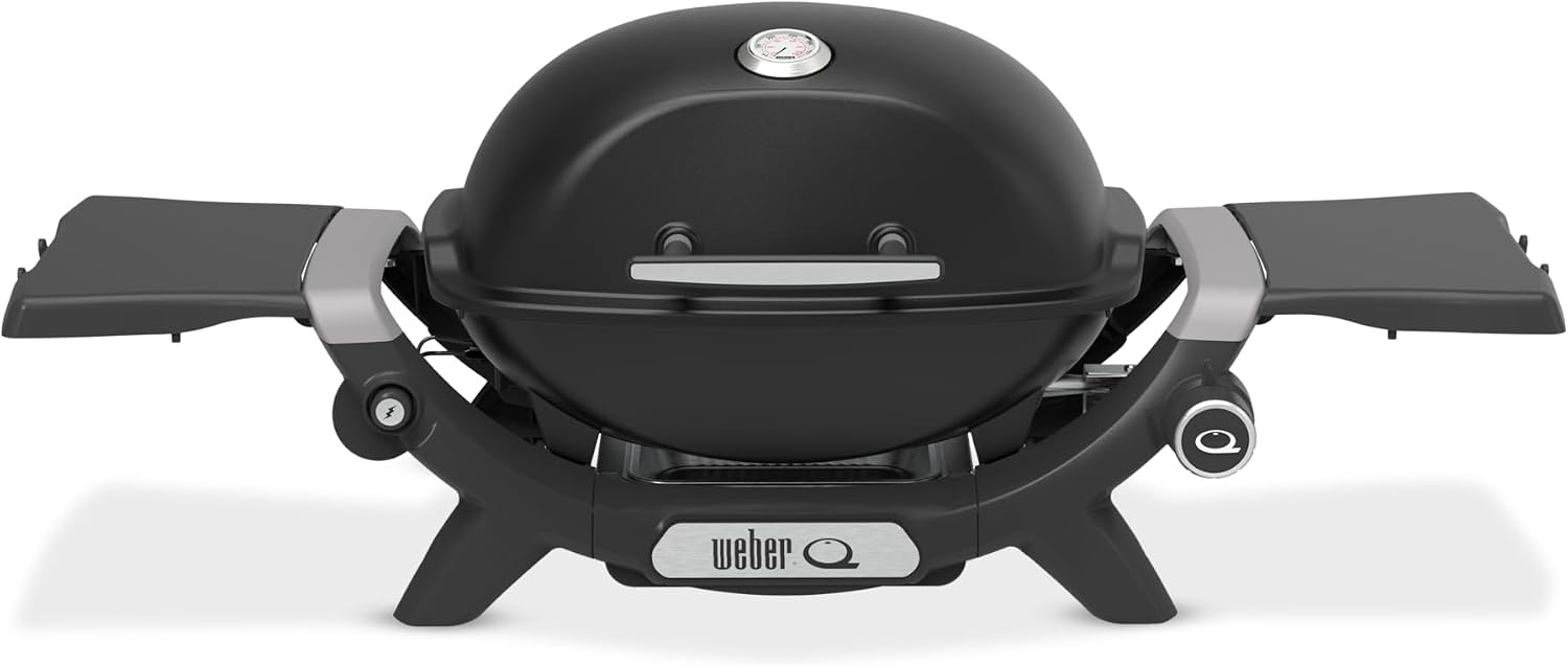 Weber Q 1200N Gasgrill mit Seitentischen/leichter Grill für Camping, Terrassen & Balkone mit Hochleistungsbrenner, porzellanemaillierten Gussrosten & elektronischer Zündung, Mitternachtsschwarz