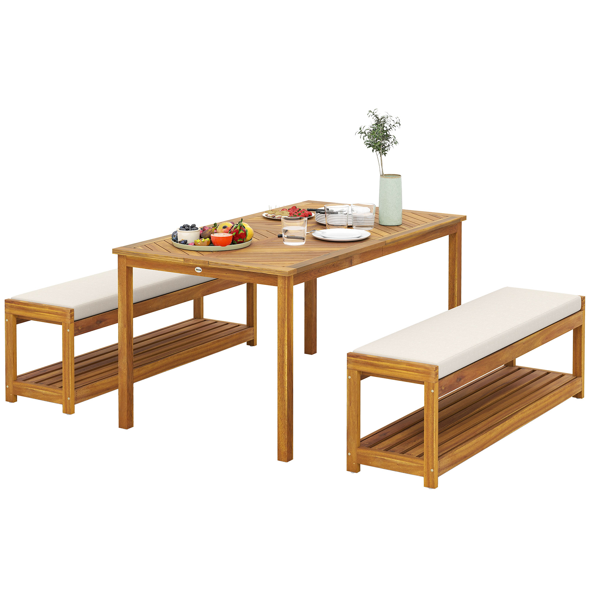 3-delig Tuinmeubelset, Zitgroep incl. 1 Eettafel met Parasolgat, 2 Banken 150 x 85 x 75 cm Teak