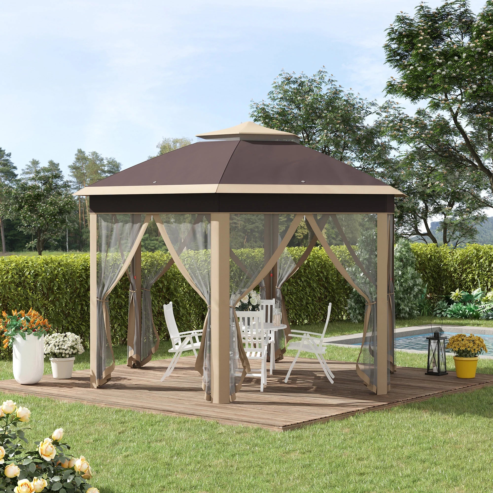 Outsunny Paviljoen 4x4 m zeshoekig met dubbel dak beige