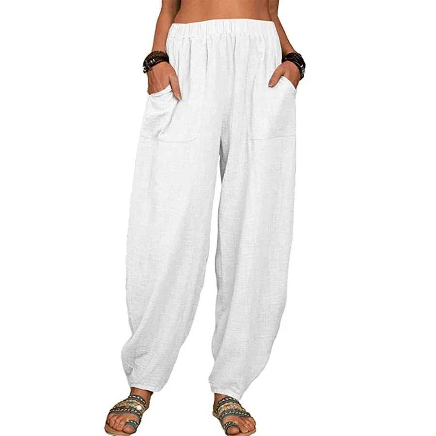 Leinenhose Damen mit Gummibund | Bequeme Haremshose aus Baumwolle-Leinen-Mix | Luftige Freizeithose mit Taschen f��r den Alltag