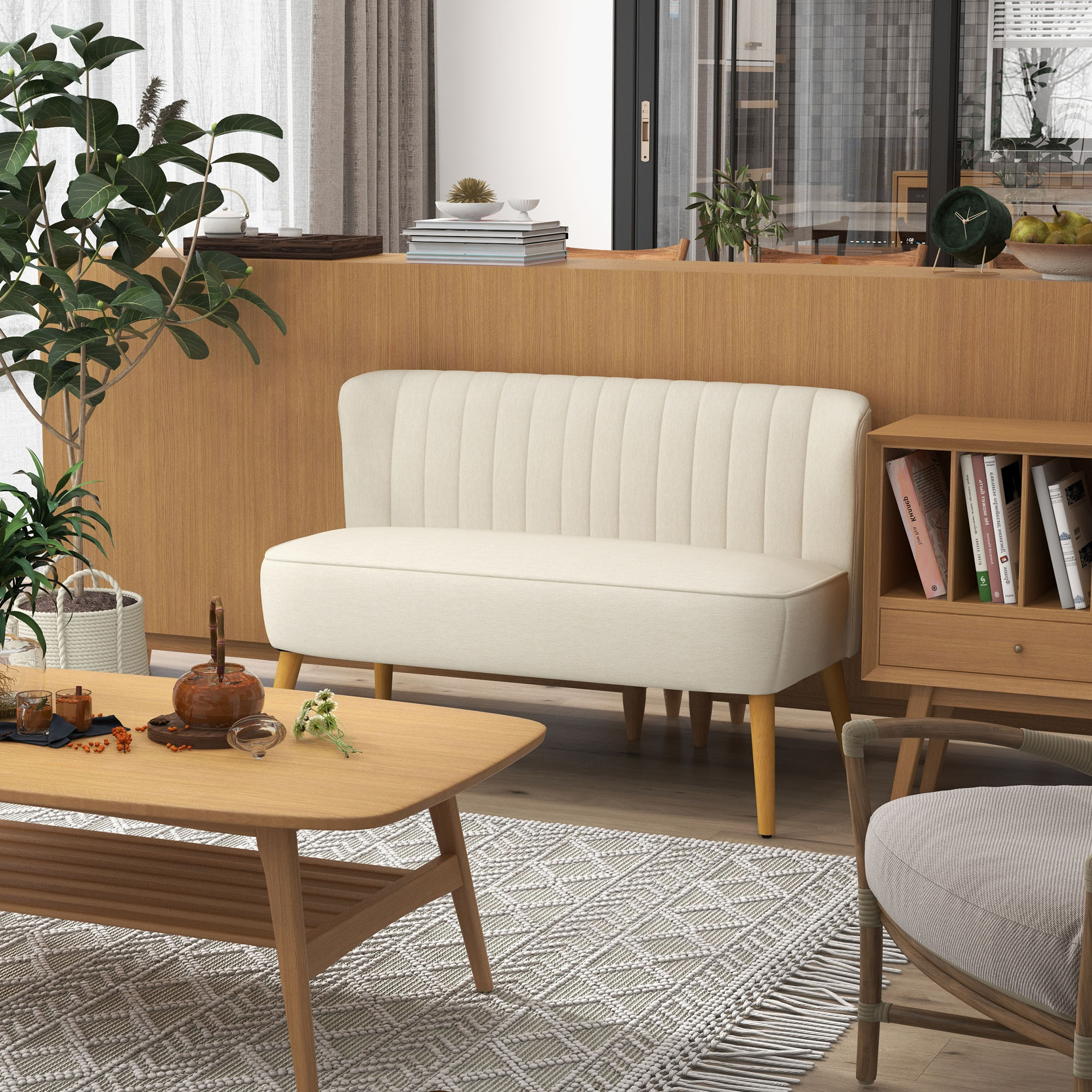 Sofa Retrodesign 2-zitsbank, houten poten, 117 cm x 56,5 cm x 77 cm, Wit