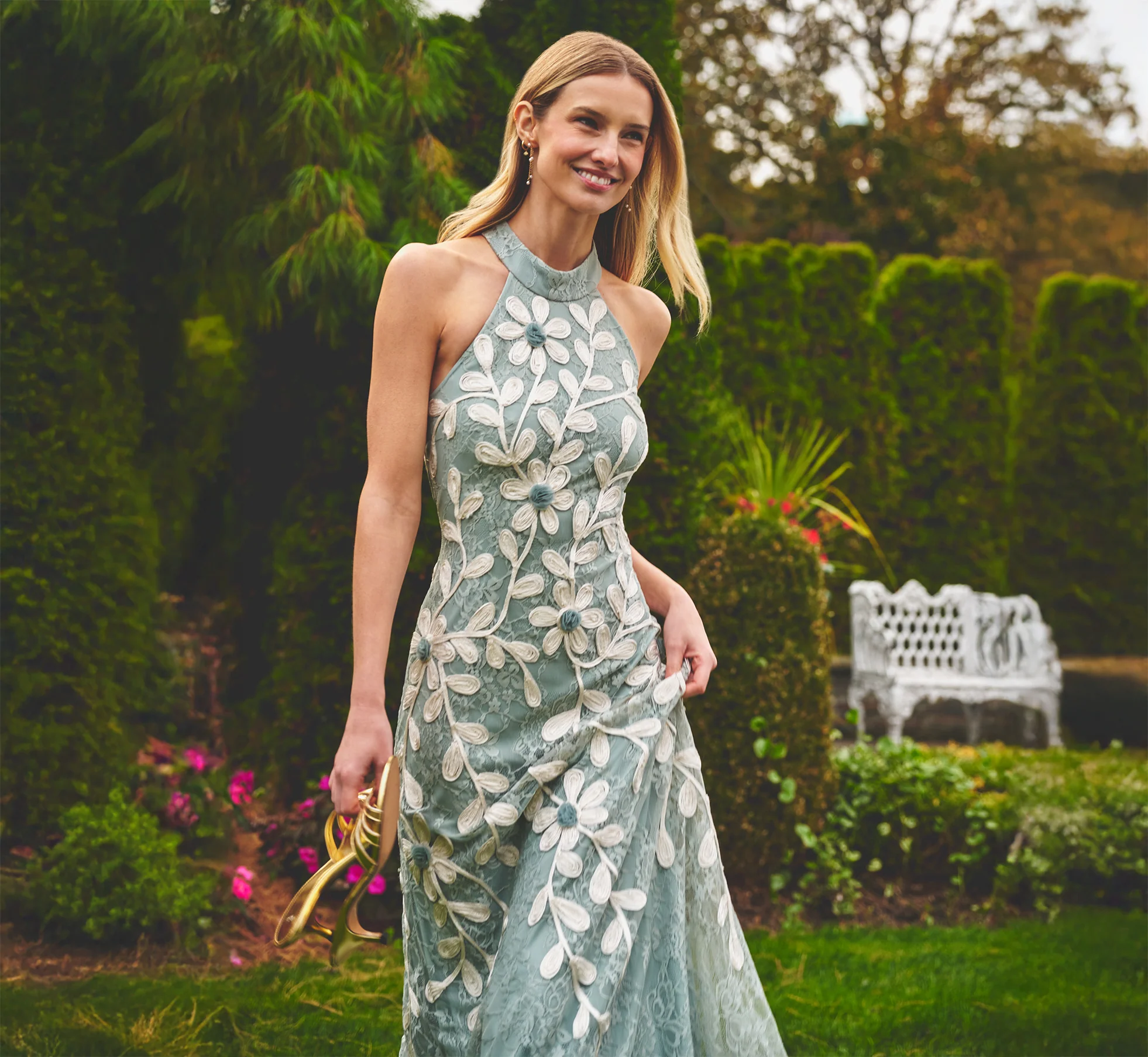 Lace Soutache Embroidery Halter Gown