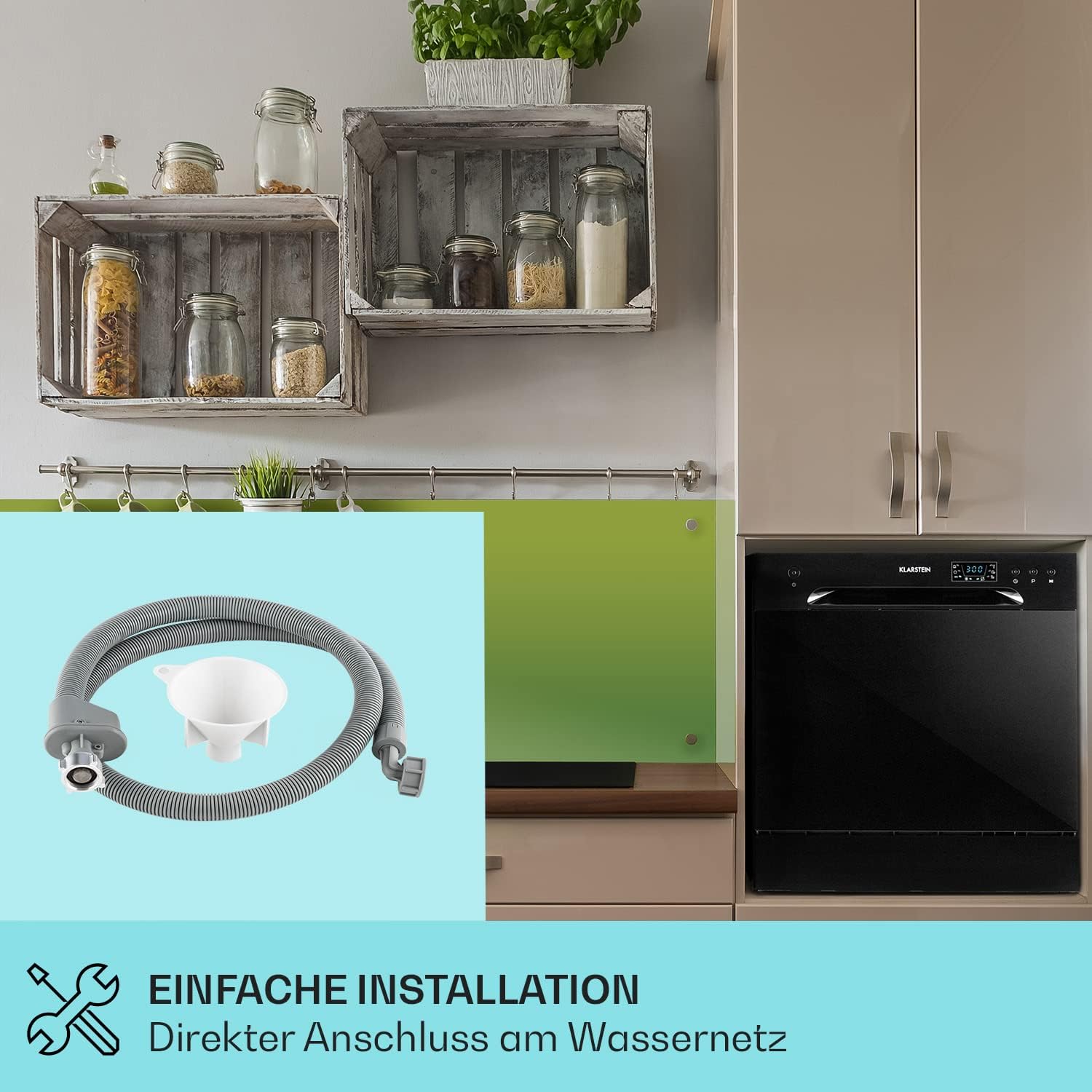 Klarstein  ia 8 - Spülmaschine, Geschirrspüler, Freistehend, Teilintegriert, F, 55 cm breit, 8 Maßgedecke, 6 Programme, Aquastop, silber