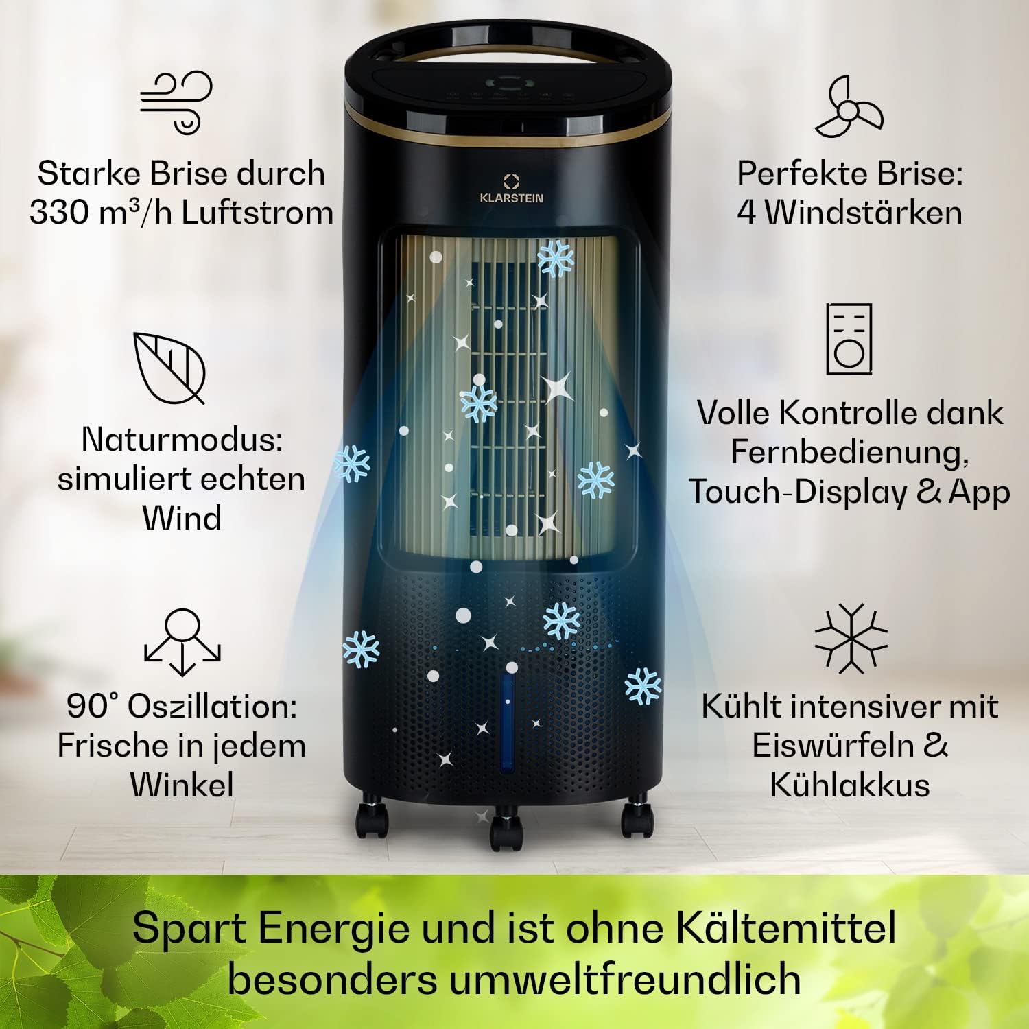 Klarstein Luftkühler mit Wasserkühlung, Leiser 4-in-1 Verdunstungskühler, Luftbefeuchter, Ventilator & Nachtmodus, Mobile Klimageräte Luftkühler 7L, 65W Air Cooler, 330m³/h Kühlender Luftstrom