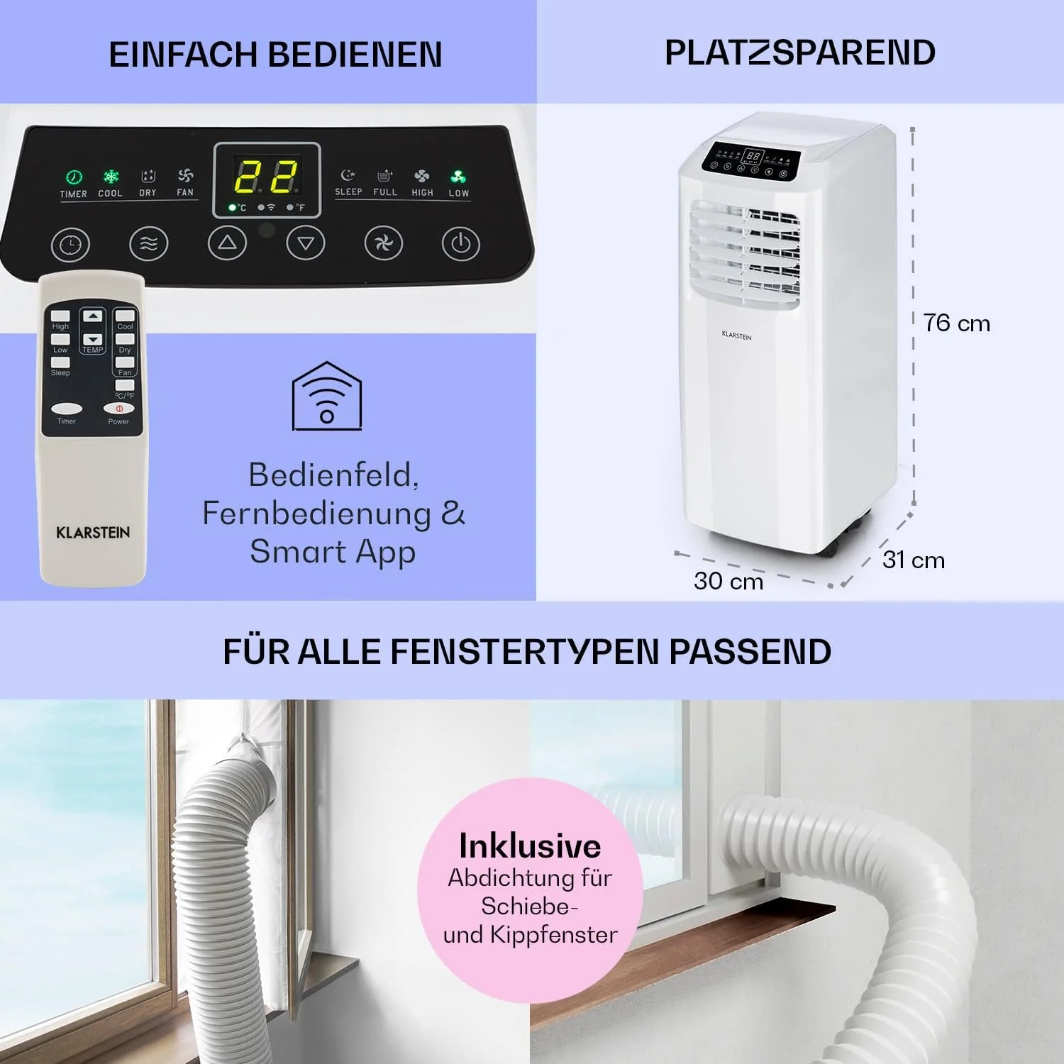 Klarstein Mobiele Airco met Afvoerslang, 3-in-1 Airconditioner met Ventilator & Luchtontvochtiger, Kleine & Draagbare Airco voor Thuis & op Kantoor, met Nachtmodus & App-bediening, 7000 BTU