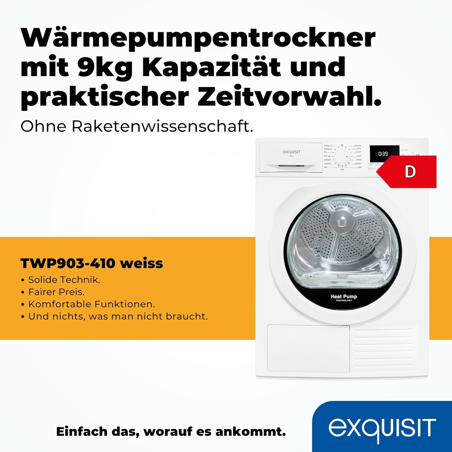 Exquisit Wärmepumpentrockner 9kg - leise Trocknung mit Knitterschutz, digitaler Anzeige & Schuhtray - TWP903-410 weiss