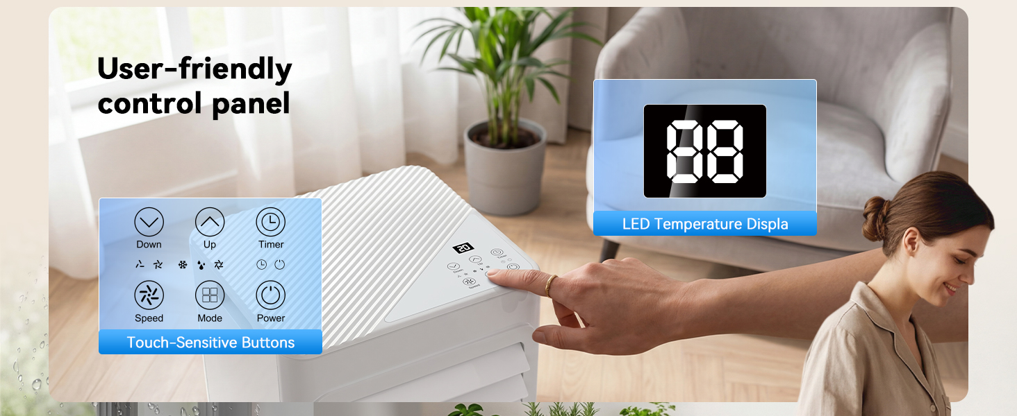 Der Text lautet „Benutzerfreundliches Bedienfeld“. Digitales Thermostatdisplay zeigt 88°F auf blauem Bildschirm an. Person, die das an der Wand montierte Heiz-/Kühlgerät mit hellblauer Bedienoberfläche mit mehreren Tasten und Einstellungen einstellt.