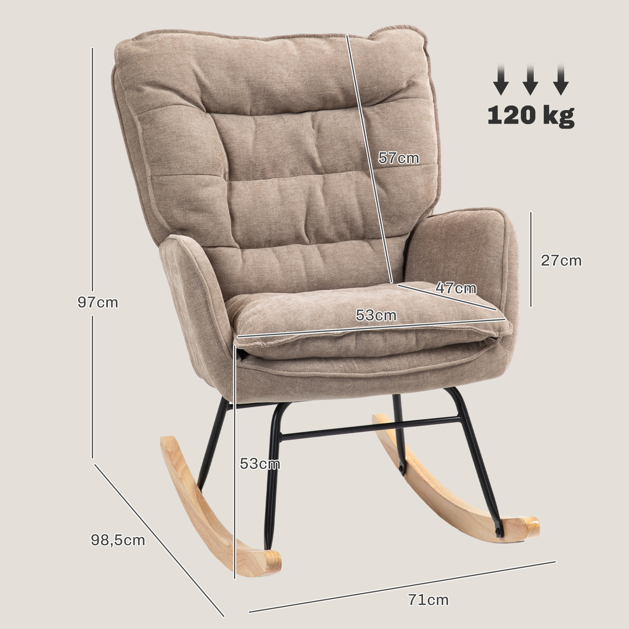 Schommelstoel met Brede Zit en Hoge Rugleuning, Frame van Beukenhout, tot 120 kg, Bruin