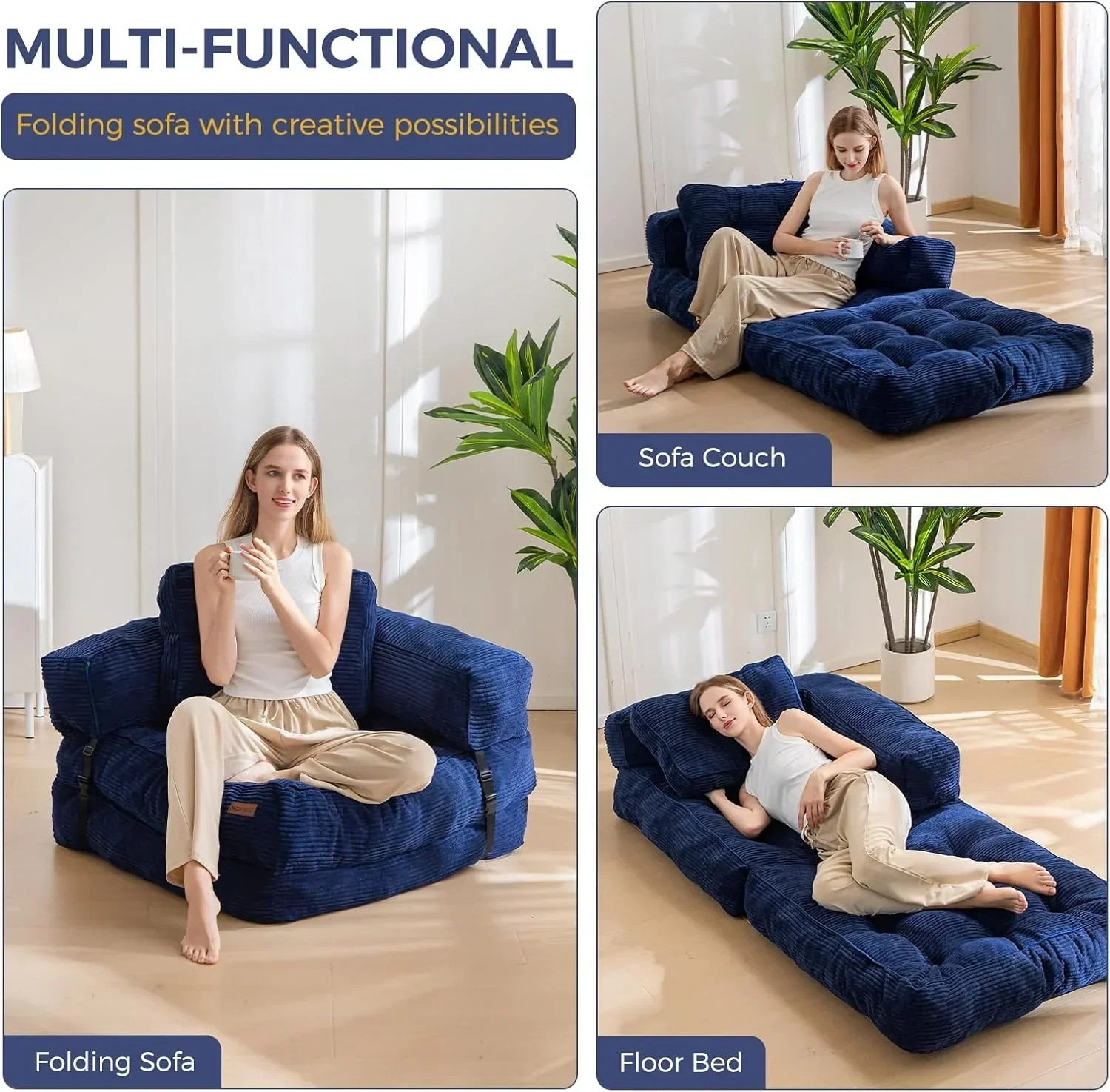 Folding Sofa Bed L-Shaped Convertible Sofa Bed with Armrests and Pillows
