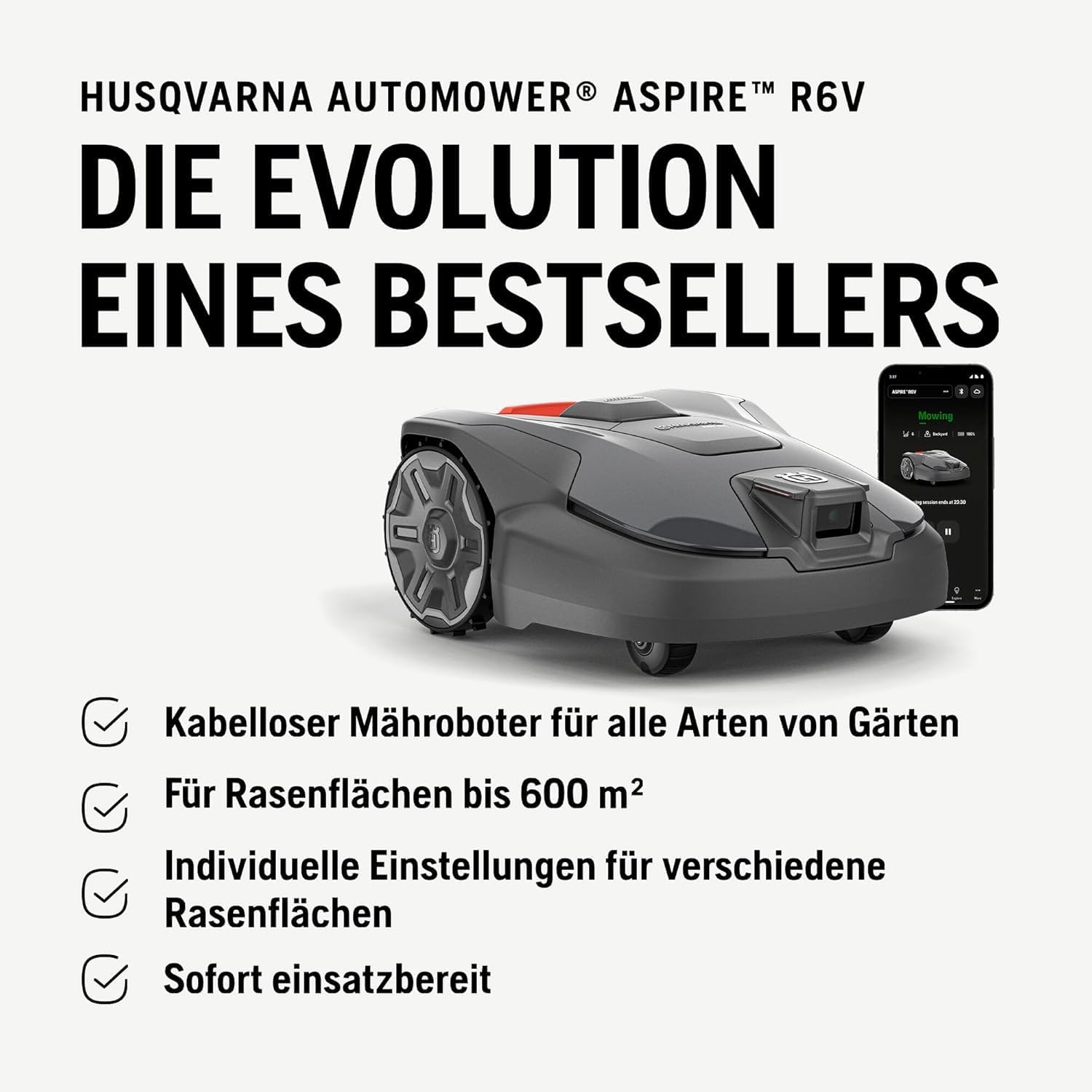 HUSQVARNA Automower® Aspire R6V Mähroboter – ohne Begrenzungskabel, AI Vision, GPS-Navigation, App-Steuerung, virtuelle Zonen, bis 600 m² – inkl. 6 Ersatzmesser