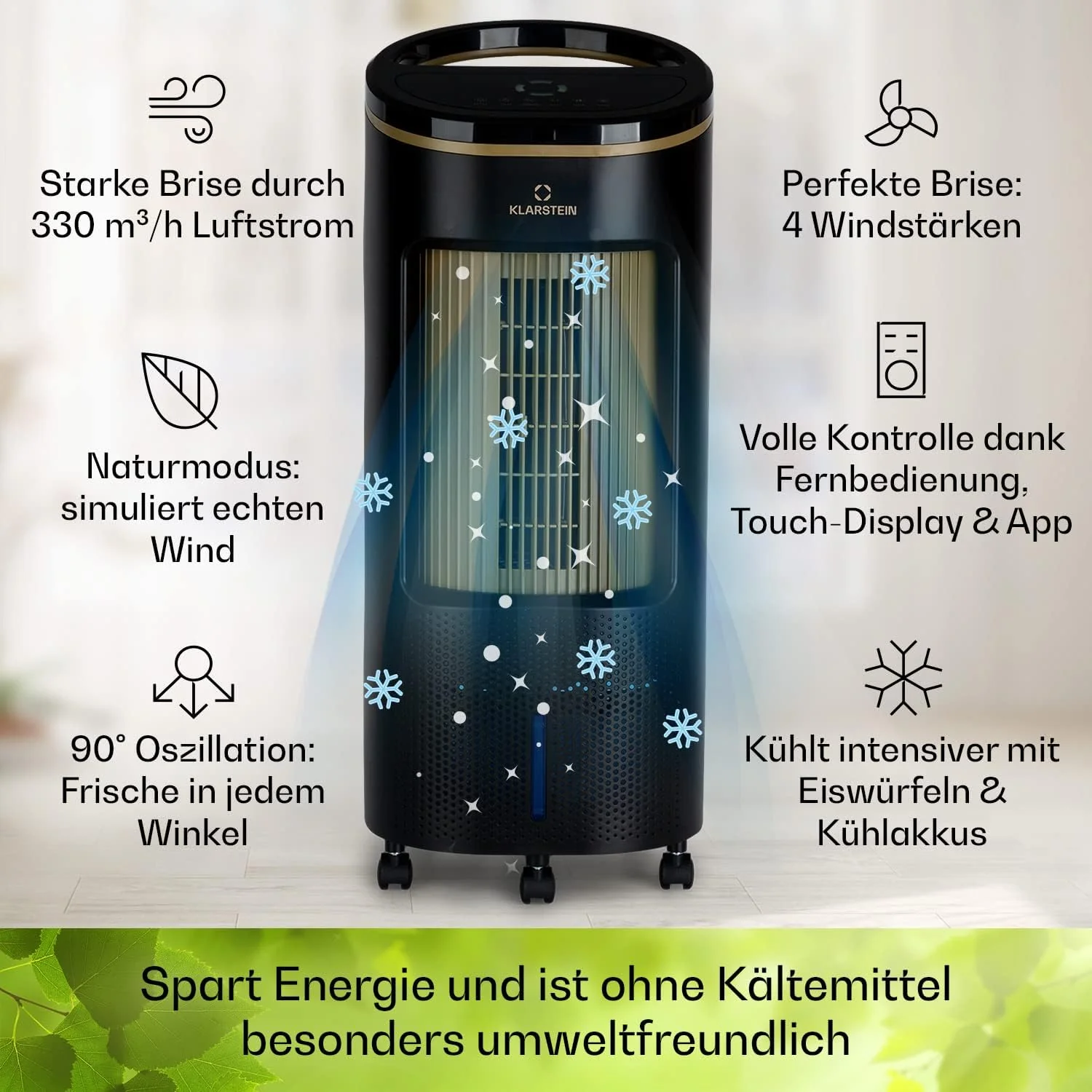Klarstein Luftk��hler mit Wasserk��hlung, Leiser 4-in-1 Verdunstungsk��hler, Luftbefeuchter, Ventilator & Nachtmodus, Mobile Klimager?te Luftk��hler 7L, 65W Air Cooler, 330m3/h K��hlender Luftstrom