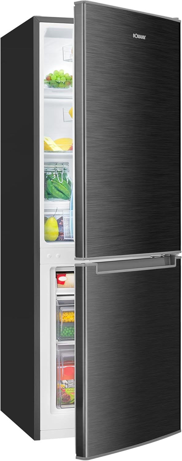 Bomann® Kühlschrank mit Gefrierfach | Energieklasse C | 143cm | Kühl Gefrierkombination leise 40 dB | 3 Ablagen & 2 Schubladen | Türanschlag wechselbar | 173L Kühlgefrierkombi | KG 7359 schwarz-inox