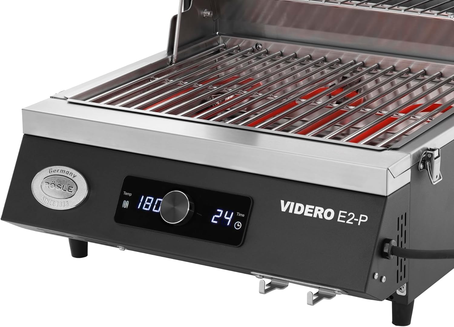 RÖSLE Elektrogrill BBQ-Portable Videro E2-P, tragbarer Tischgrill mit 2 Brennern, Warmhalterost und Deckel mit Glaseinsatz, pulverbeschichteter Stahl, schwarz/silbern