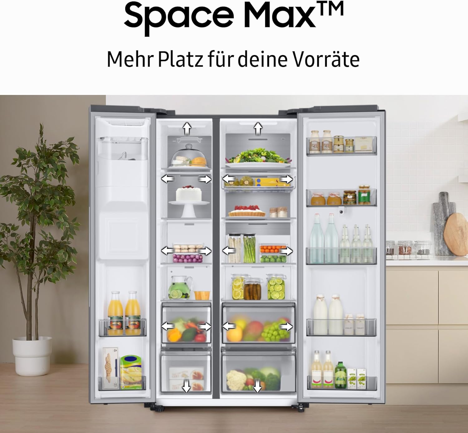 Samsung RS70F65KDFEF Side-by-Side Kühl-Gefrierkombination, AI Kühlschrank mit Gefrierfach, 178 cm, 640 l, Eis-/Wasserspender mit Wassertank, AI Energy Mode, Metal Cooling, Black Steel