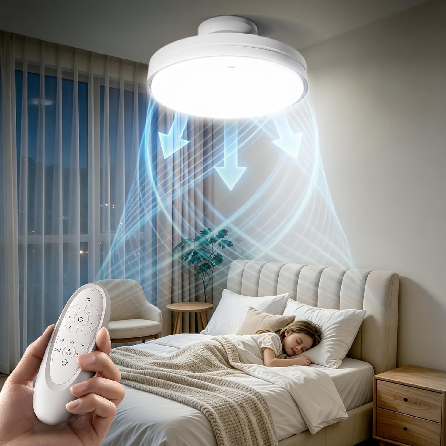 GONEO Deckenventilator mit Licht ohne Flügel - 24,5 cm flach, Unterputz, 60W, LED dimmbar 3000–6500K, 6 Stufen, Fernbedienung Timer, leise, für Schlafzimmer Kinderzimmer Büro | niedrige Decke Wohnung