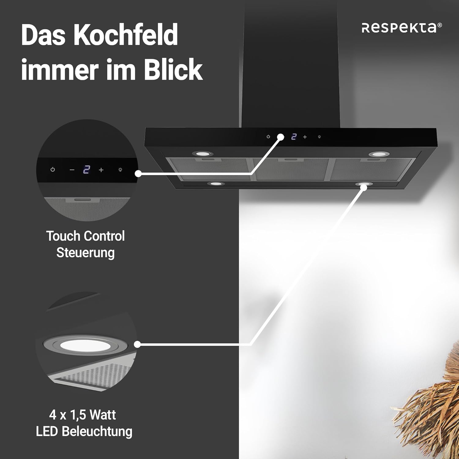 Respekta Cara Inselhaube/Dunstanzugshaube in Schwarz-Matt mit Glasfront/Haube 90 cm / 9 Leistungsstufen/Touch Control / CH44199GISS-20 / A+