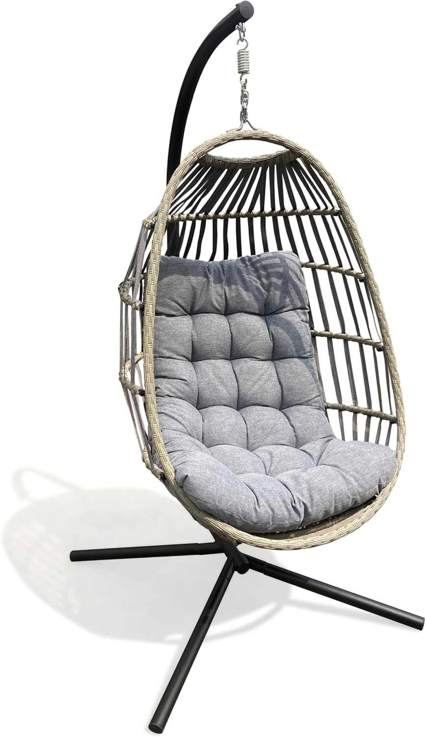 Hängesessel mit Gestell für Wohnzimmer,Garten und Balkon Geräumiger Hängekorb XXXL Größen:126HX84WX64D cm-Keine Raumunterdrückung Gefühl Premium Qualität Nylon/Polyrattan gewebt Inkl.Grau Kissen
